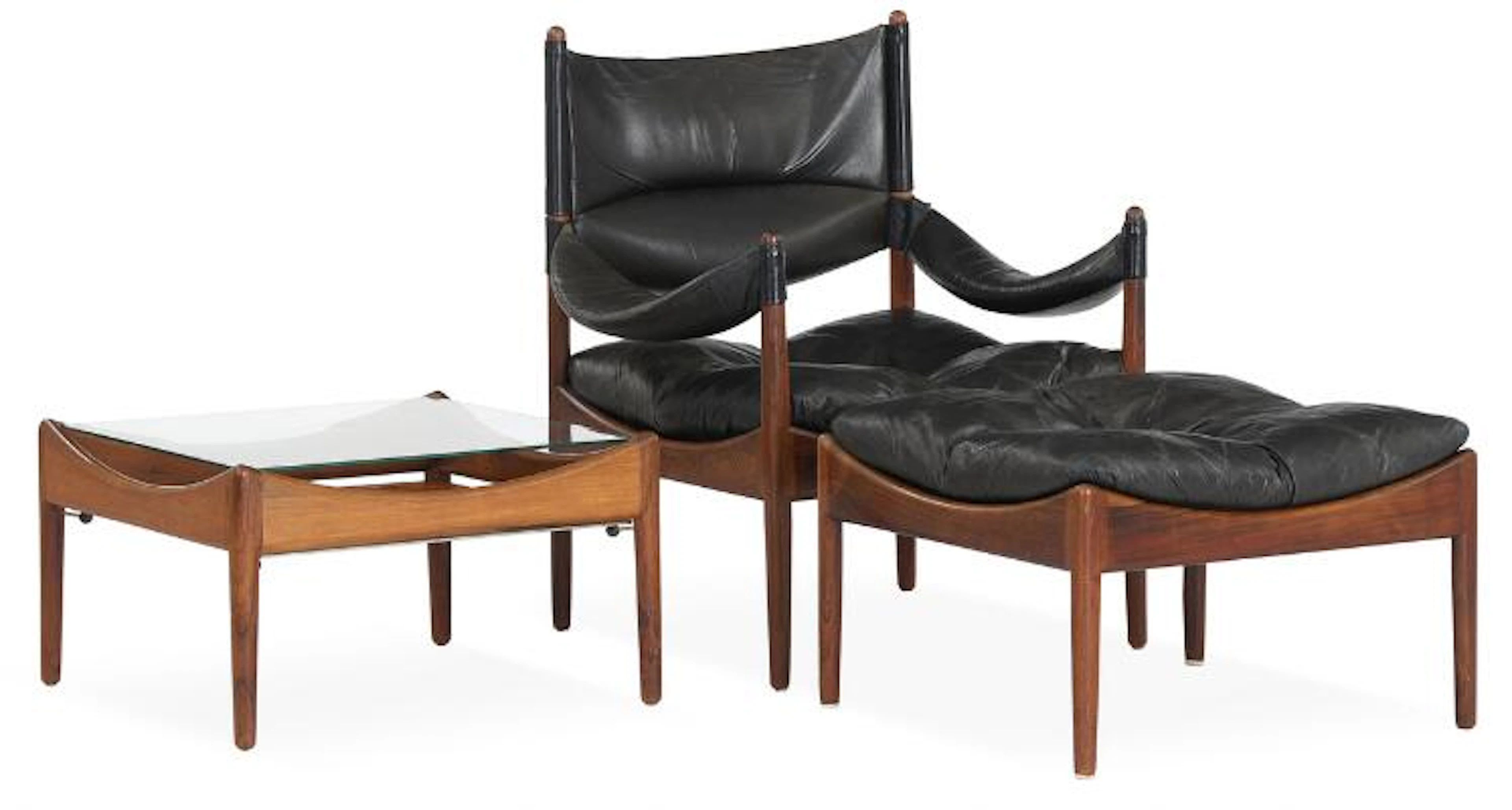 Kristian S. Vedel: Rosewood easy chair, stool and coffee table. Seat