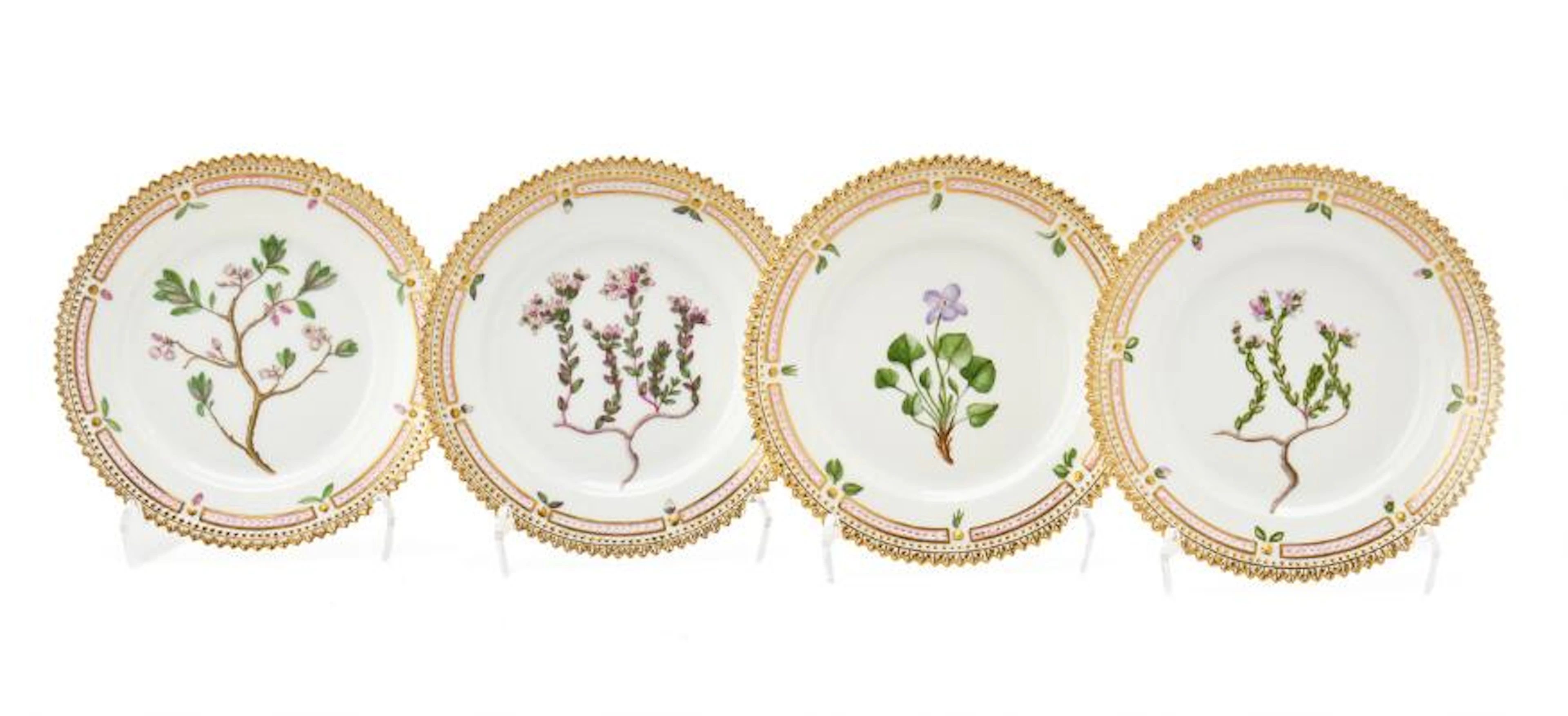 "Flora Danica" four side plates of porcelain, decorated in colors