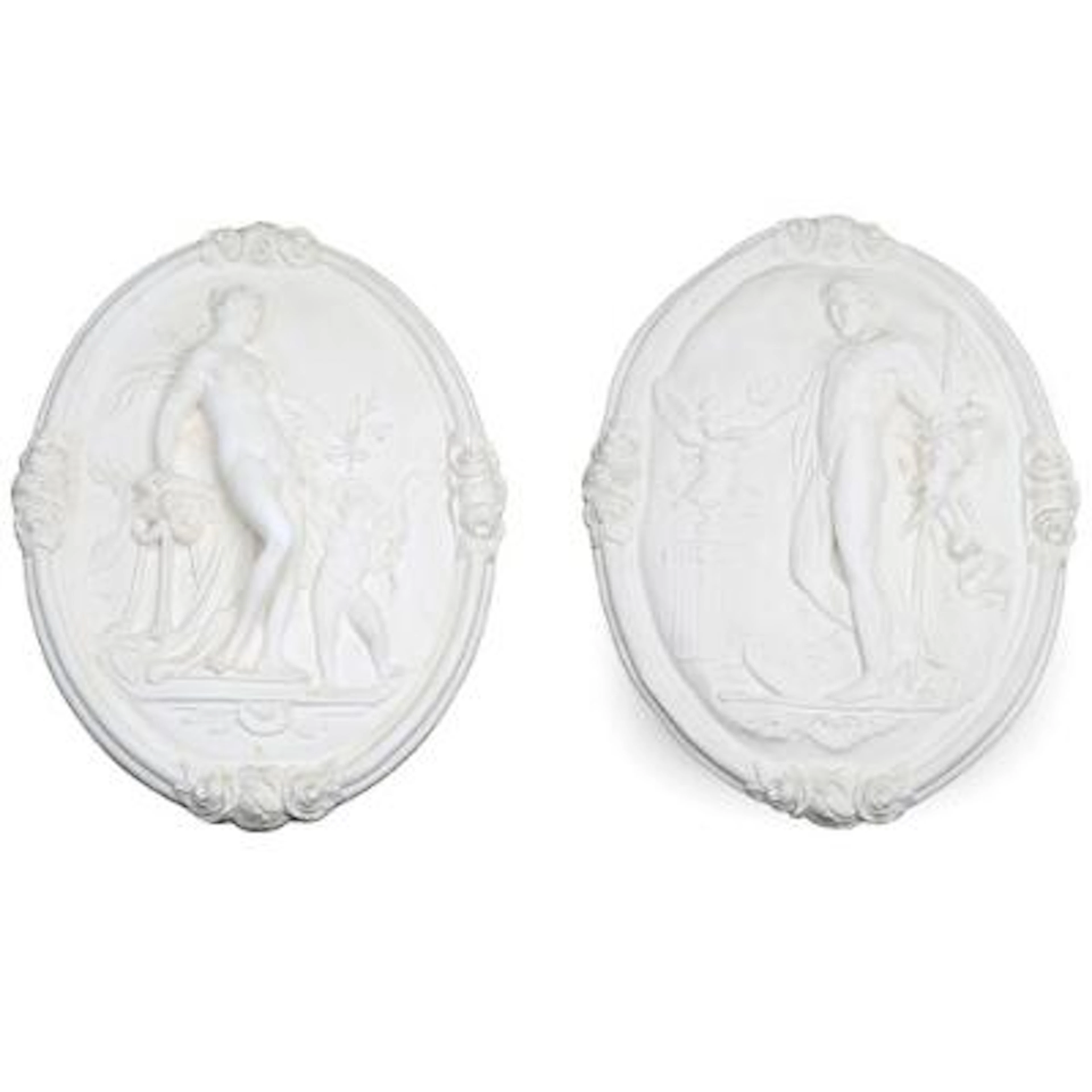 Two oval white-painted plaster plaques decorated with Apollo and Venus