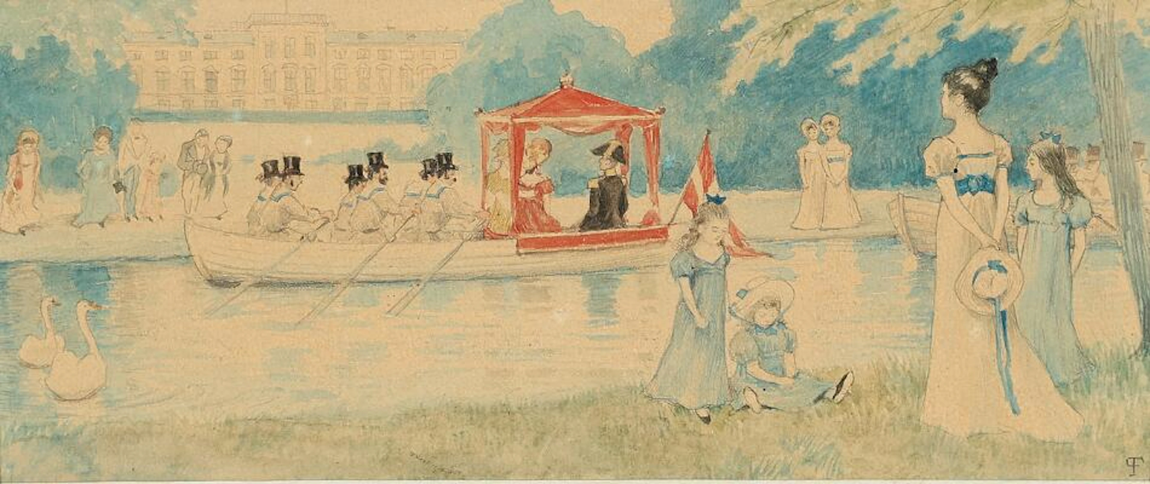 Paul Fischer: Sailing on the lake in Frederiksberg Park. Signed with