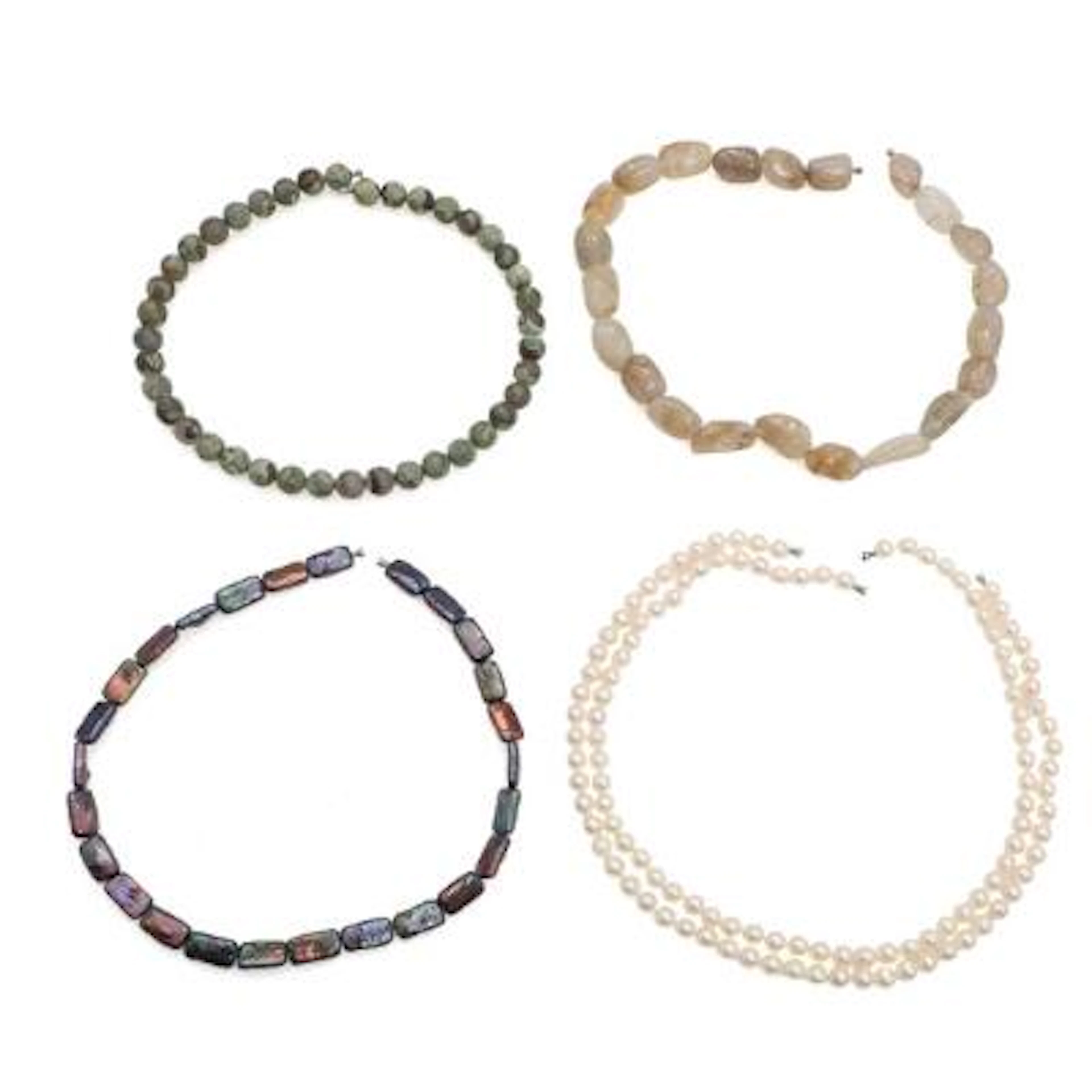Five necklaces with cultured and freshwater pearls, rutilated quartz