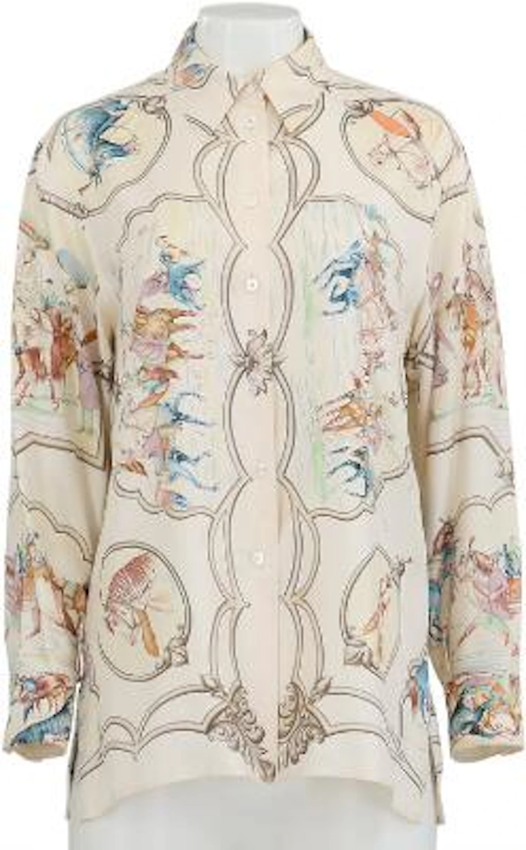 Hermès: A beige silk blouse with multi colour motif "Les Chauvaux