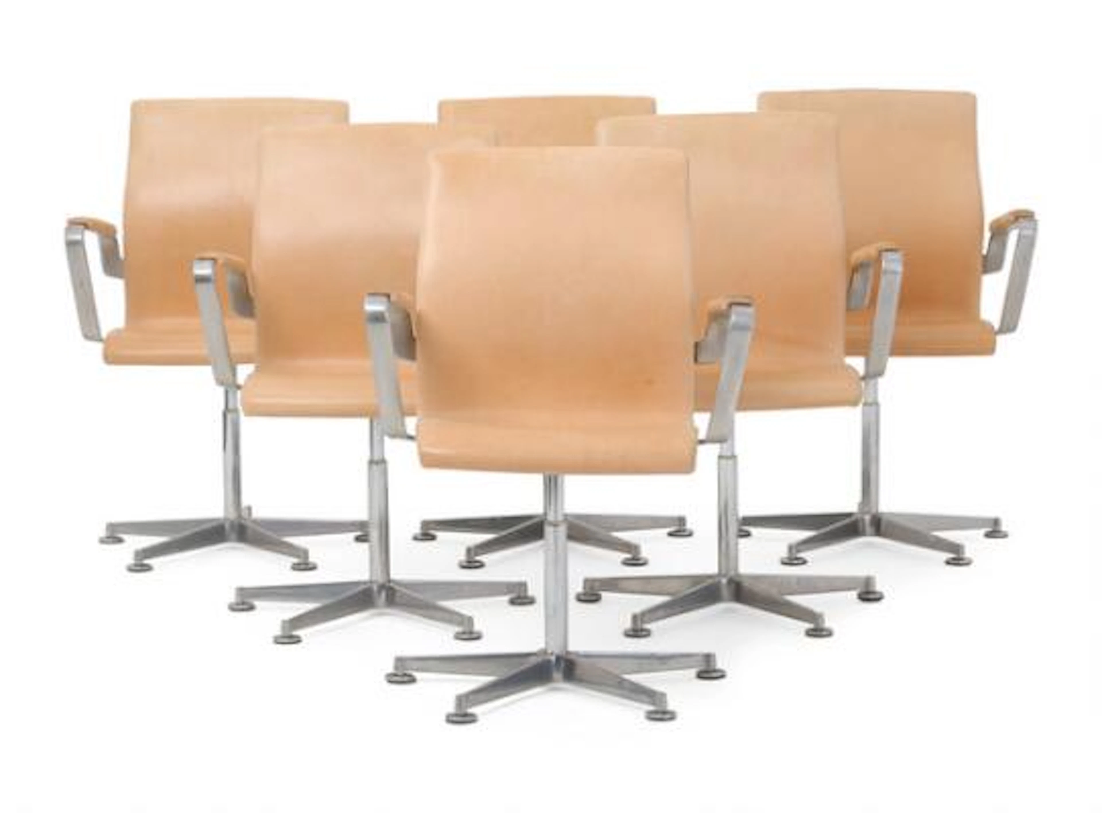 Arne Jacobsen: "Oxford". Set of six armchairs in aluminium. Upholstered