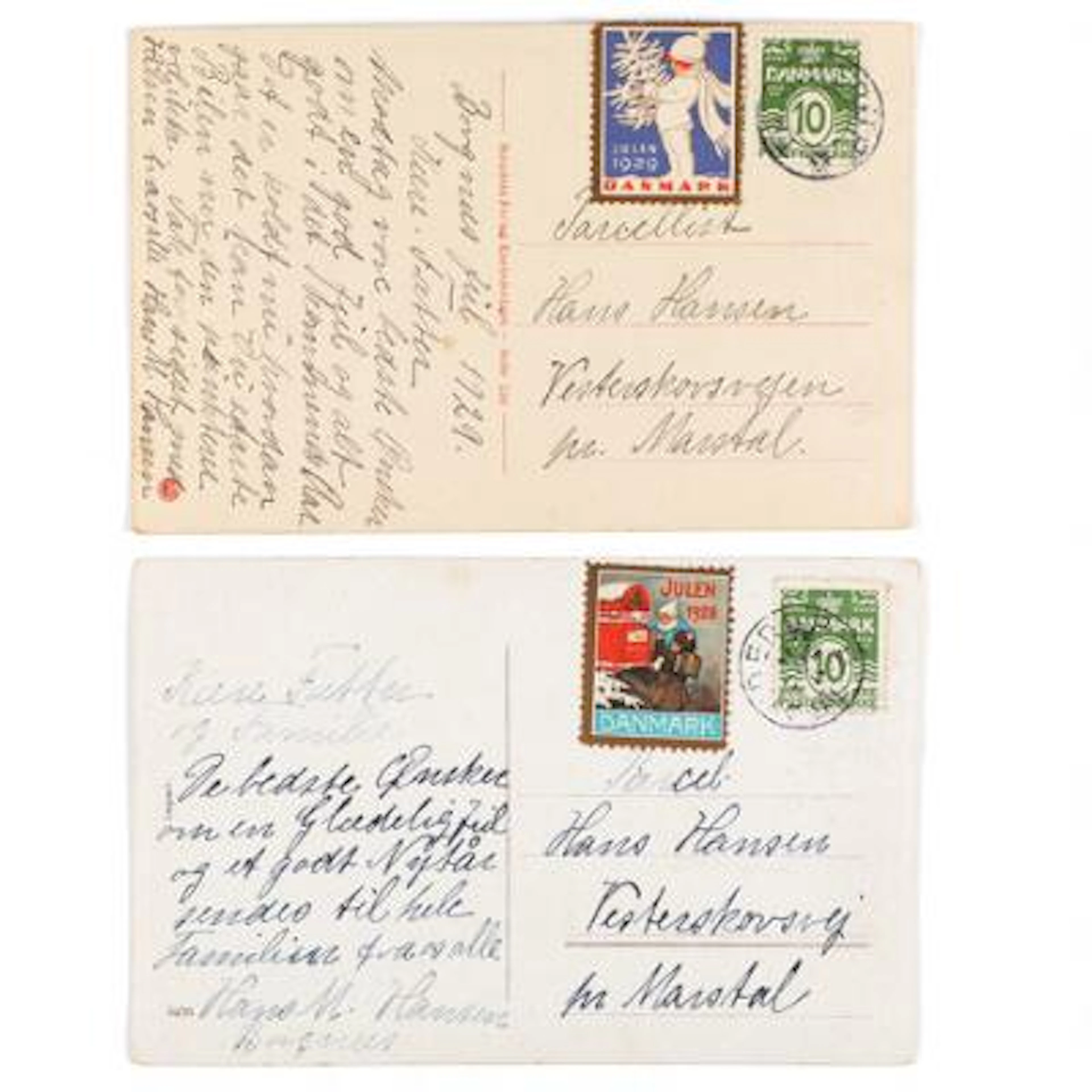 TRANDERUP. 1921. Numeral. 10 Øre, green. 2 postcards, the first with