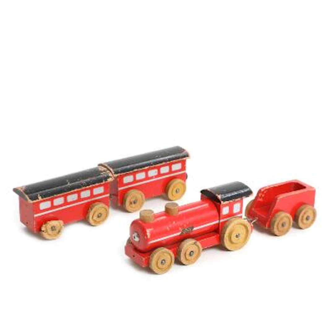 LEGO: Painted beech train with coal wagon and passenger cars. LEGO.