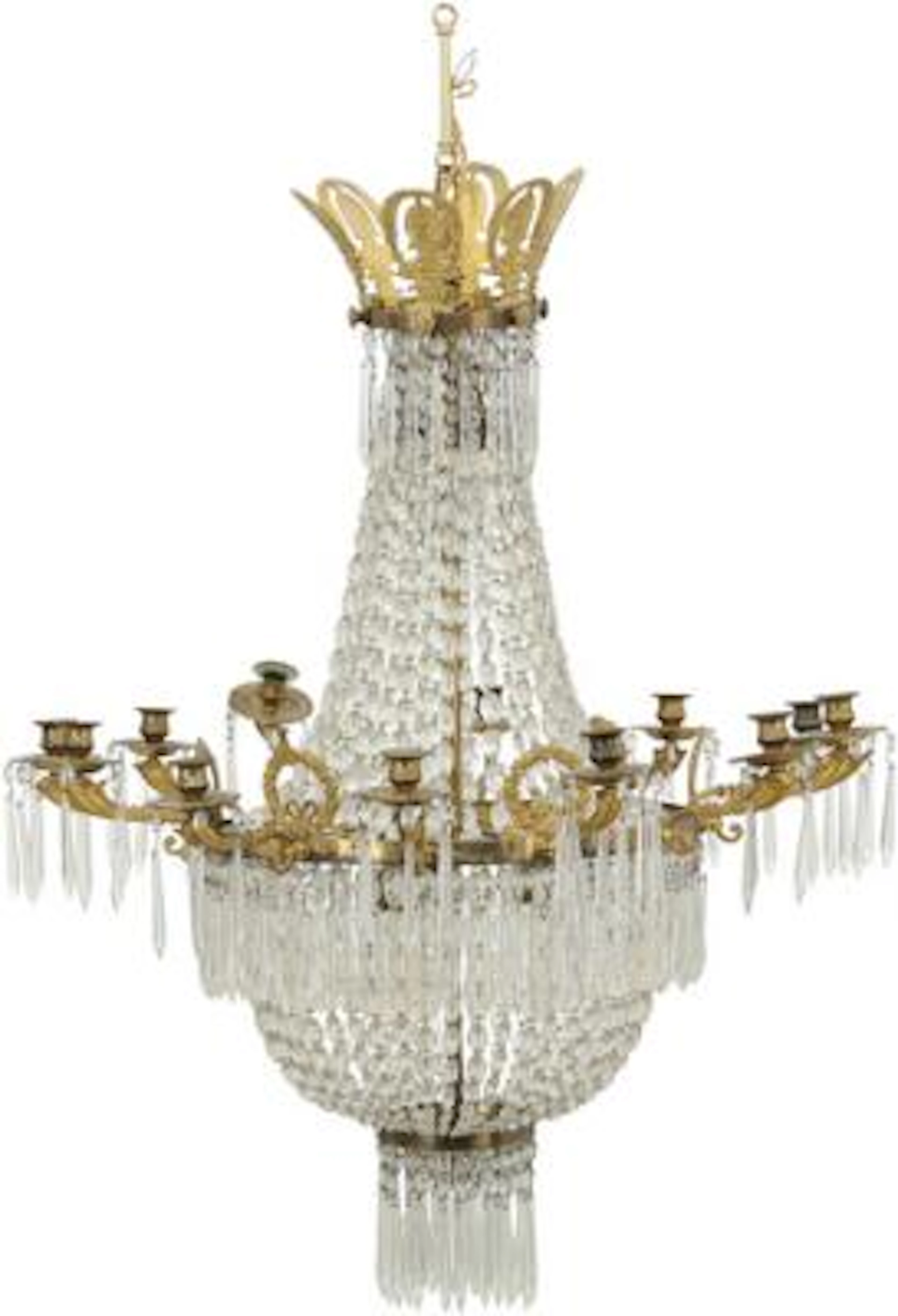 A chandelier with frame of brass and gilded bronze, hung with prisms