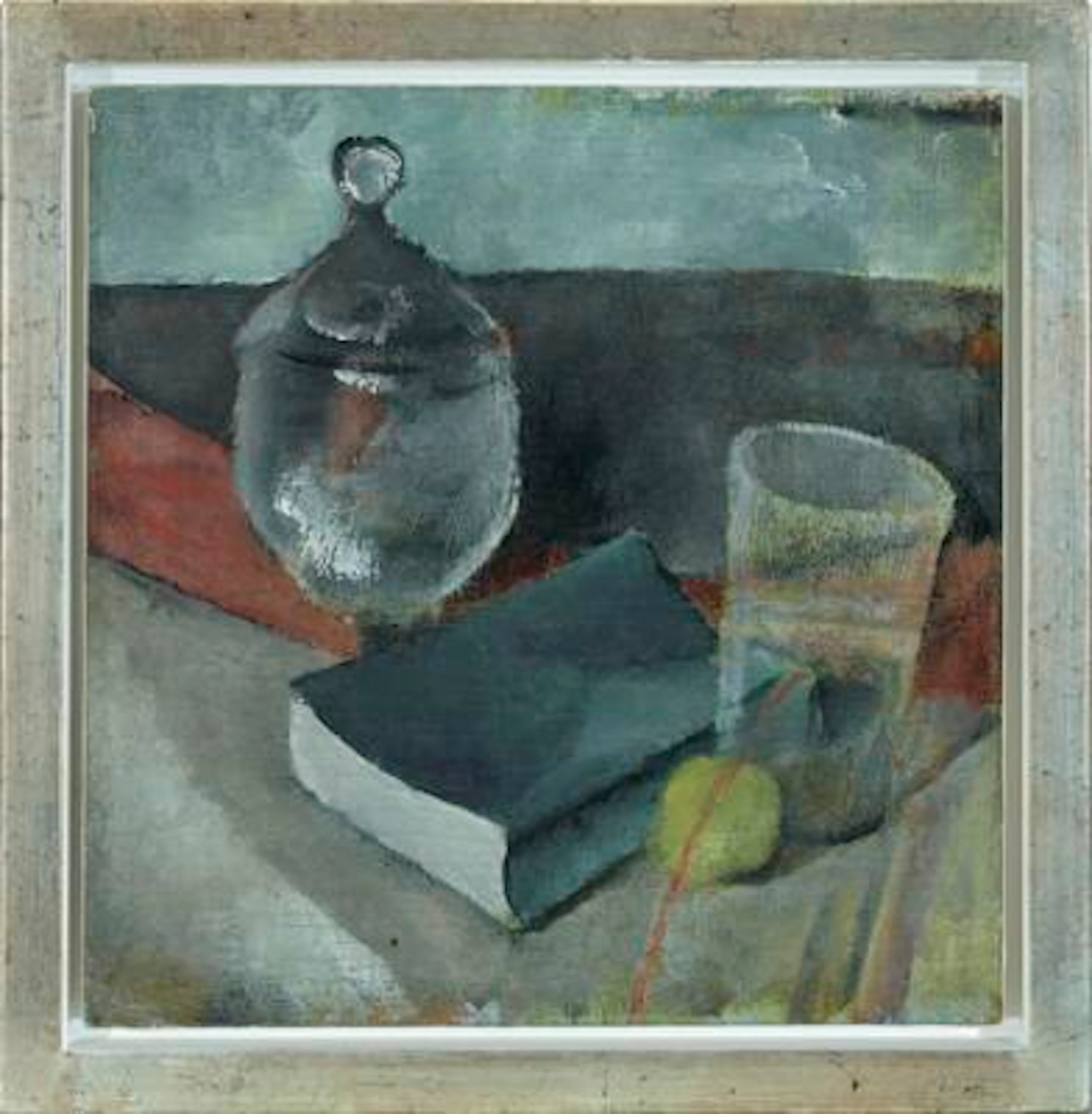 Vilhelm Lundstrøm: Still life on a table. Glass bonbonnière, a book