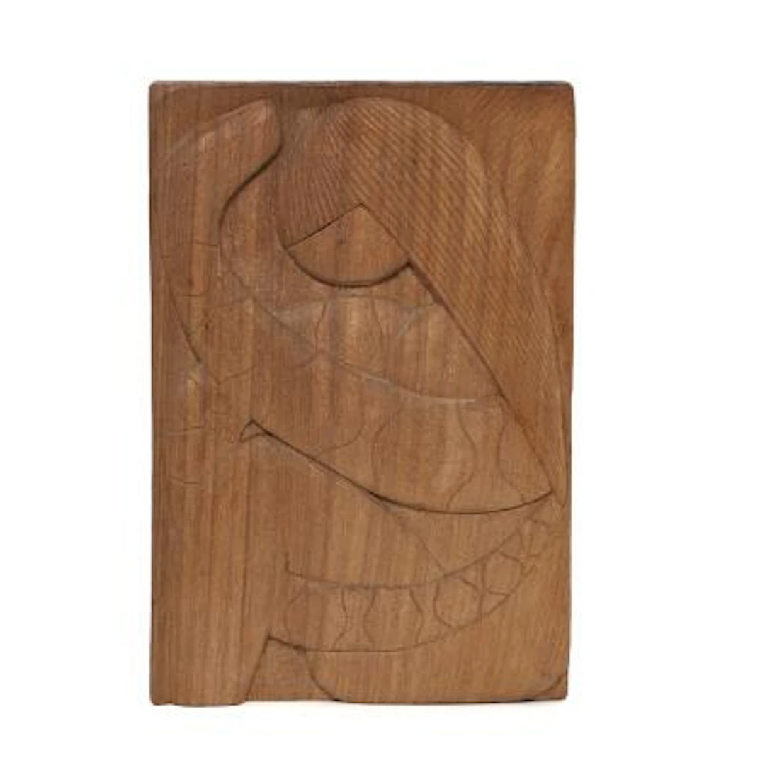 Jacob Hermann: Woman and snake. Signed monogram. A carved wooden relief.
