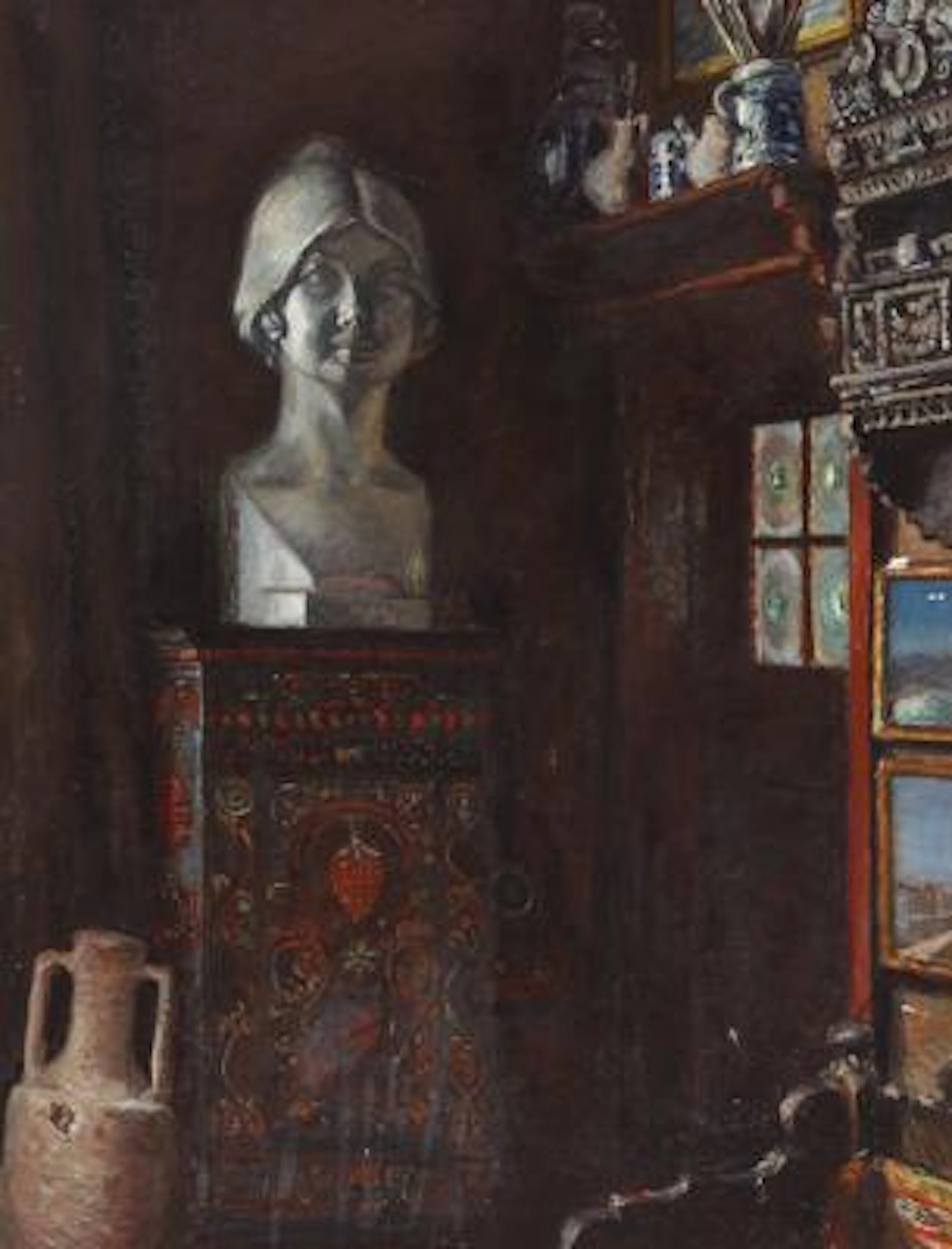 Danish painter 19th/20th century: From an artist's studio. On a piedestal