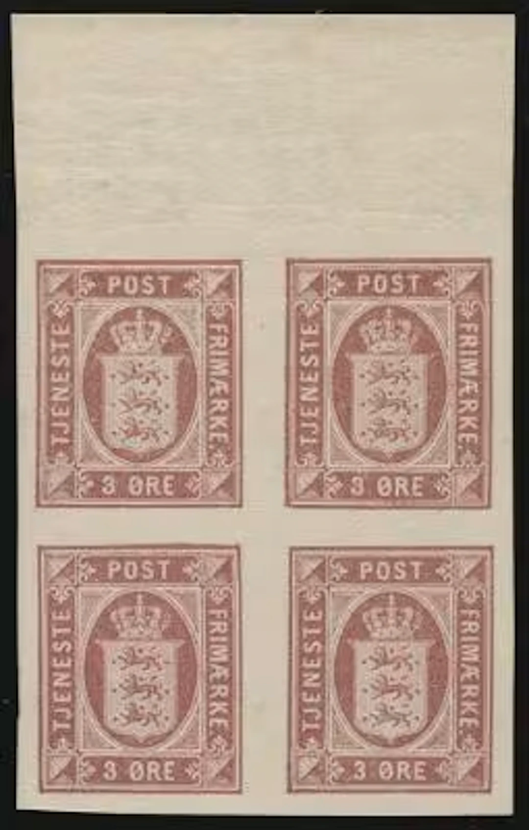1901. 3 øre, lilac, wm.II. IMPERFORATED block of 4 with upper sheet