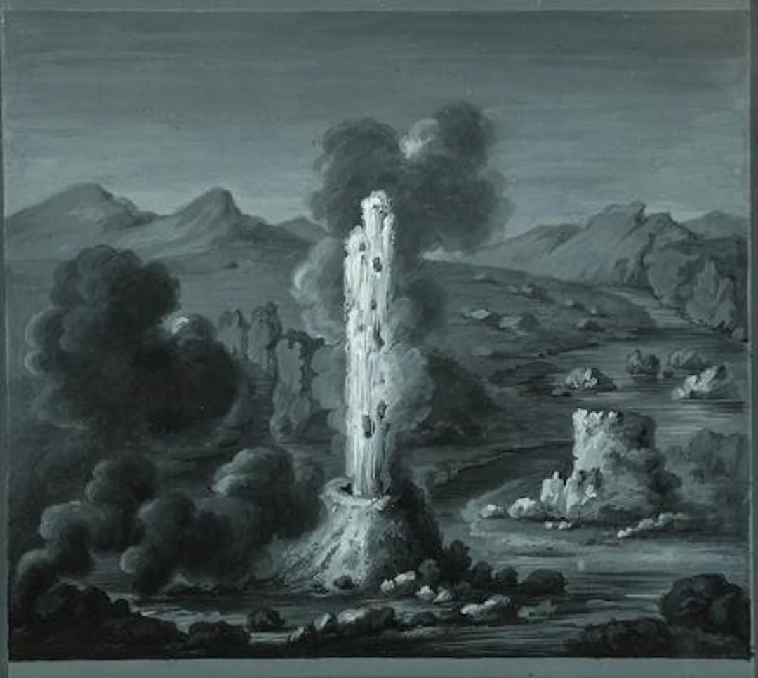 Hermann Carmiencke: A geyser in eruption. Unsigned. Inscribed. Grisaille.