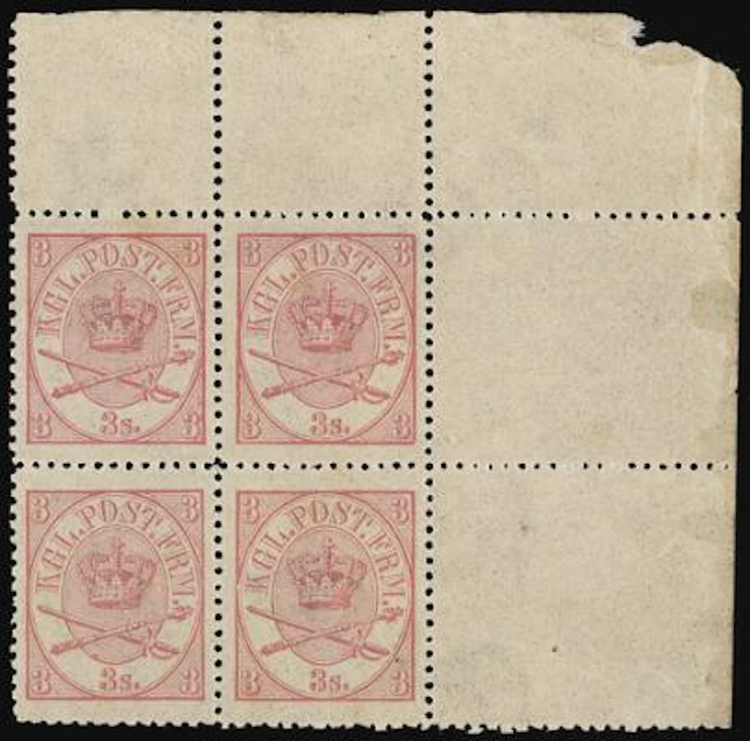 1864. 3 sk. purple, (1870) line perforated 12 1/2. Pos. 9-10/19-20.