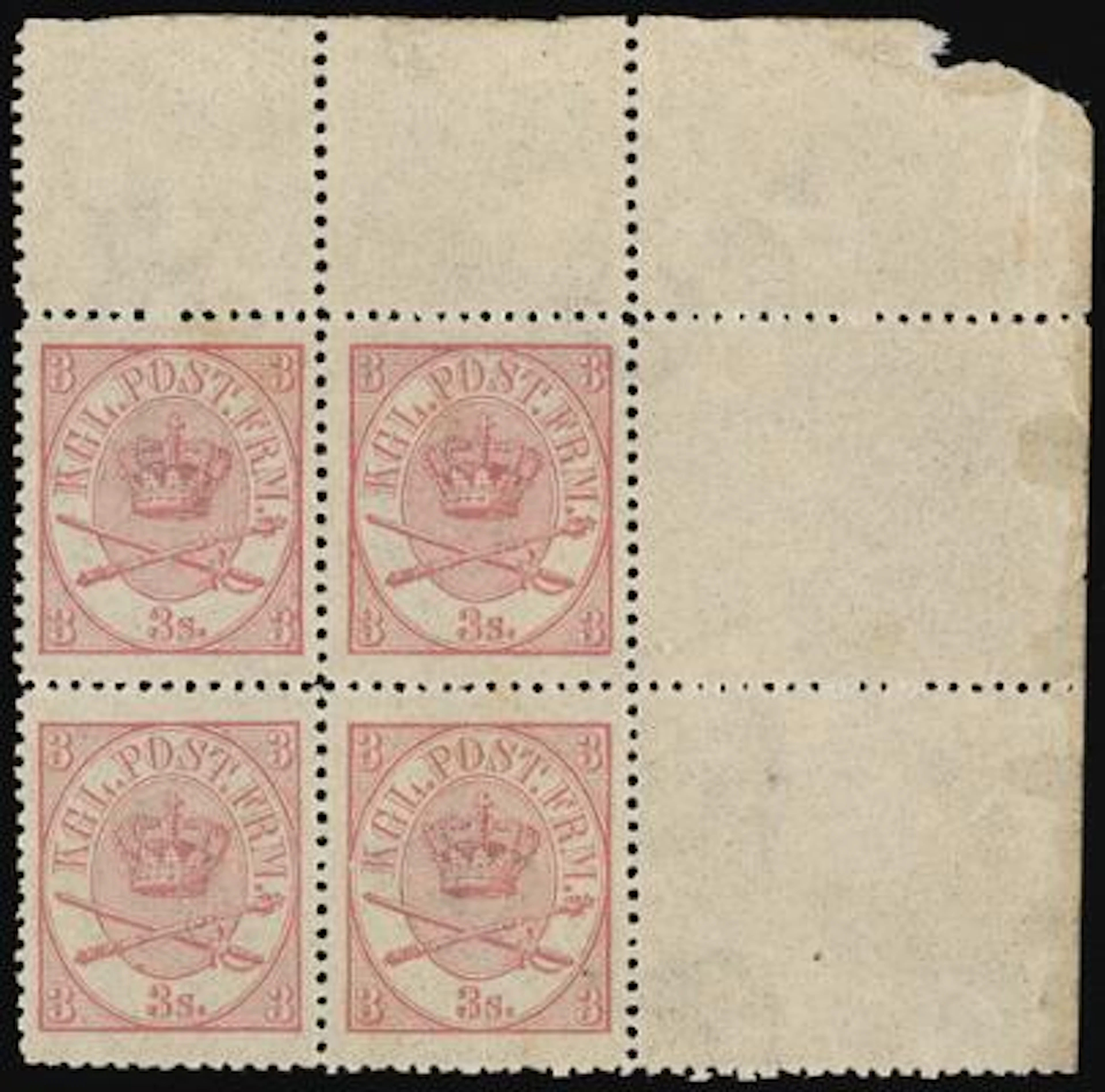 1864. 3 sk. purple, (1870) line perforated 12 1/2. Pos. 9-10/19-20.