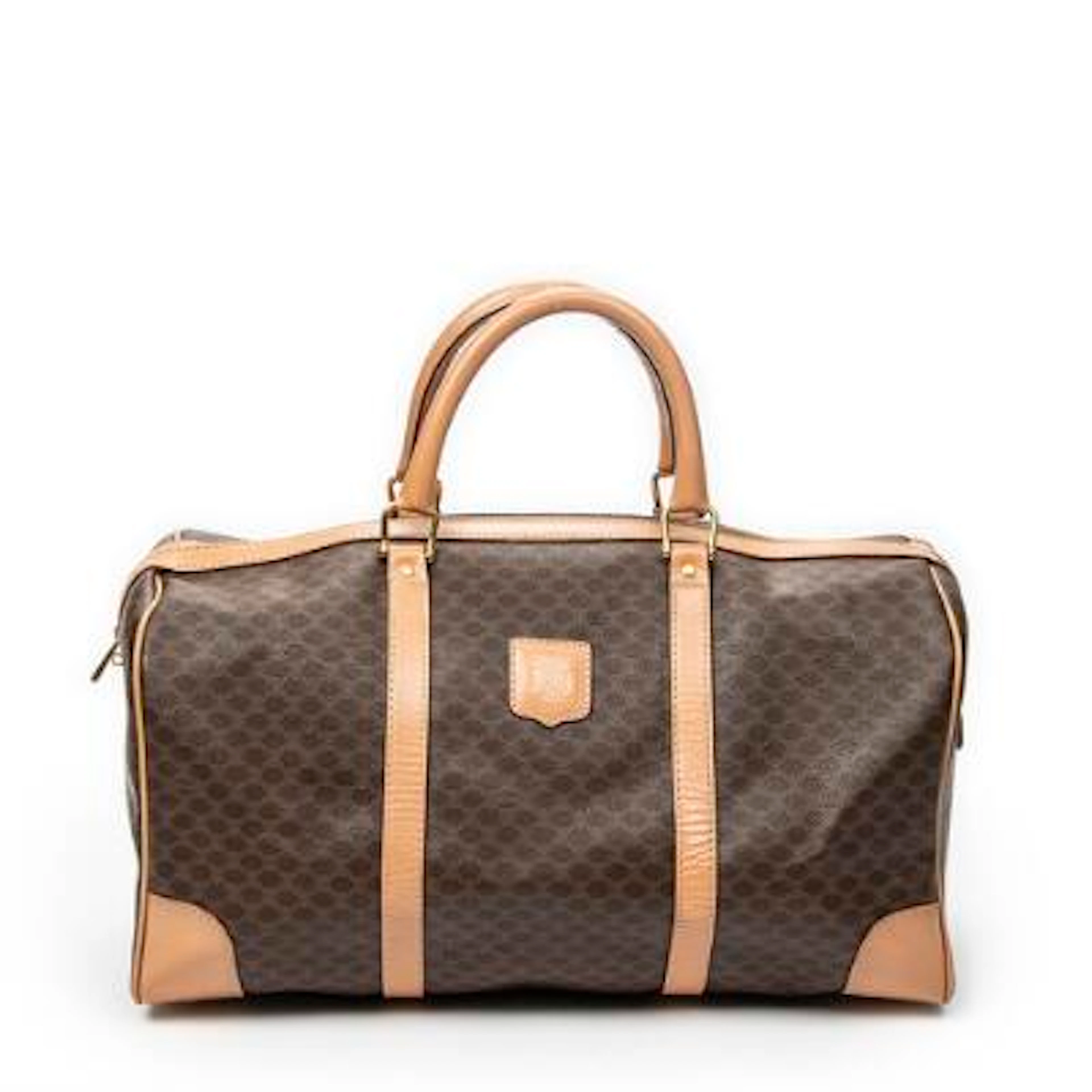 Celine: A "Vintage Medium Travel Boston" bag in brown Macadam-coated