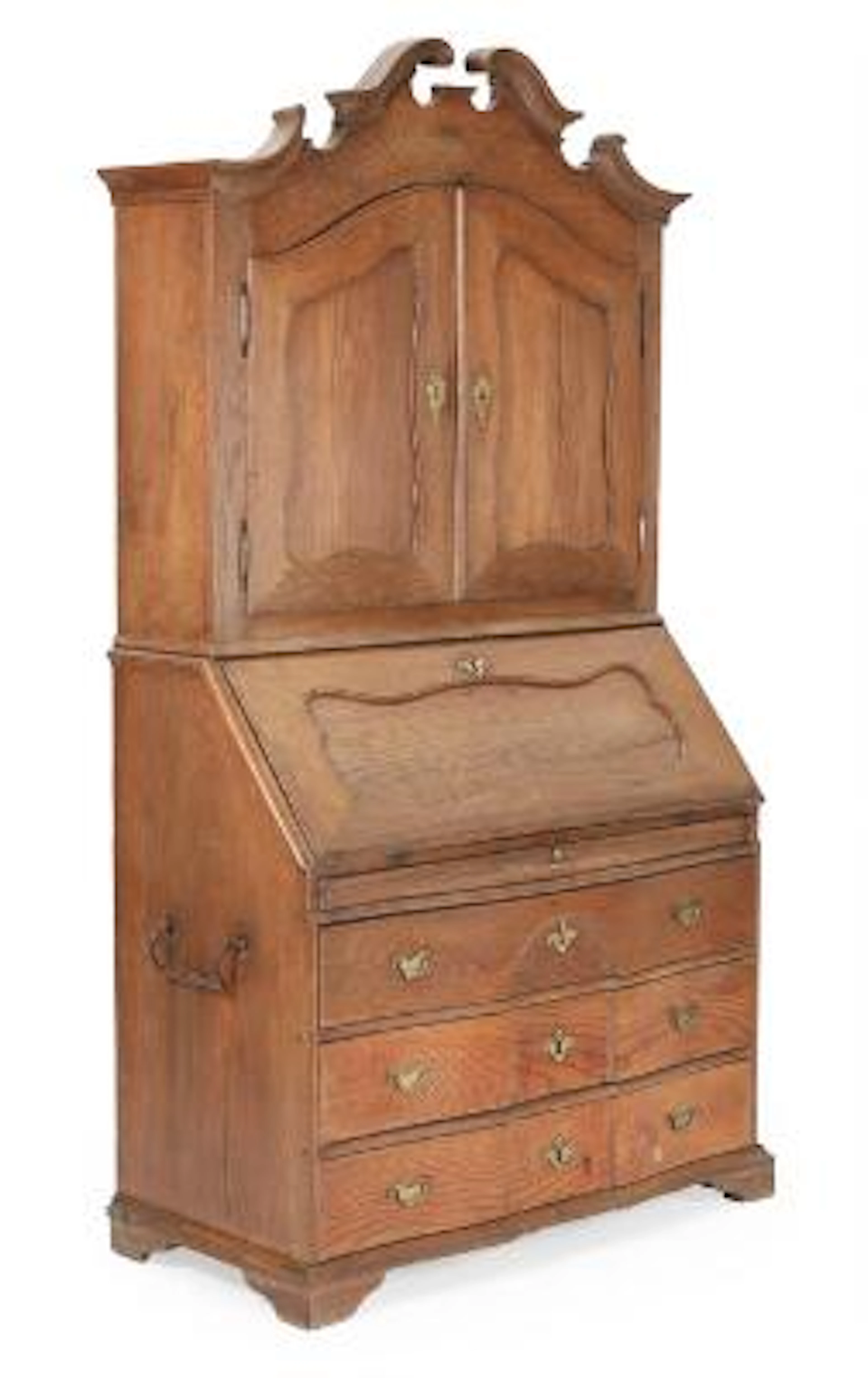 Baroque oak bureau cabinet with two doors, writing flap and three