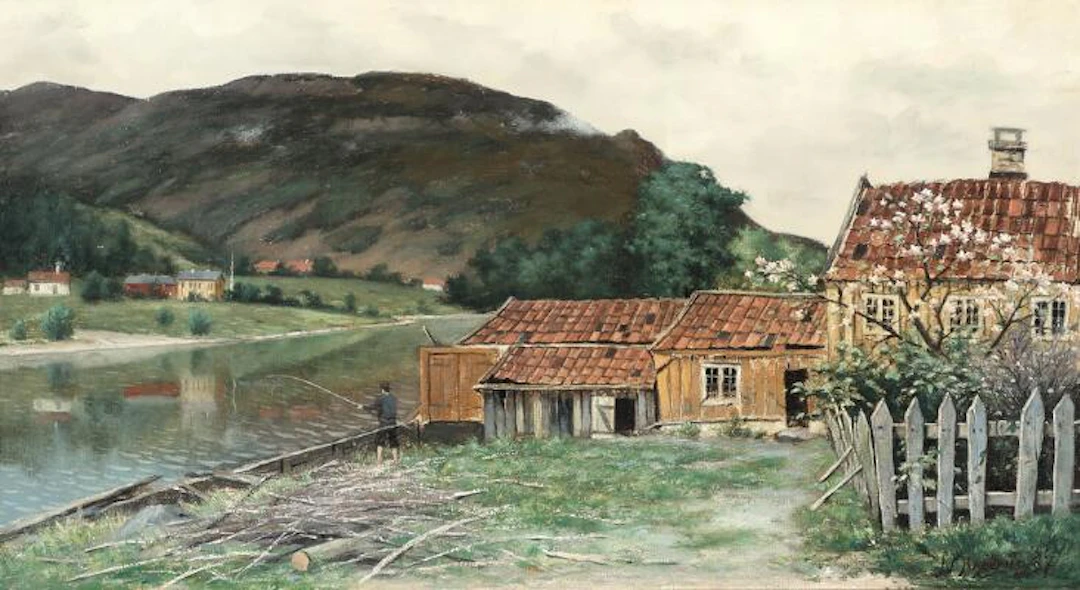 Nels Hagerup: A boy fishing near his cottage at the bank of a Norwegian