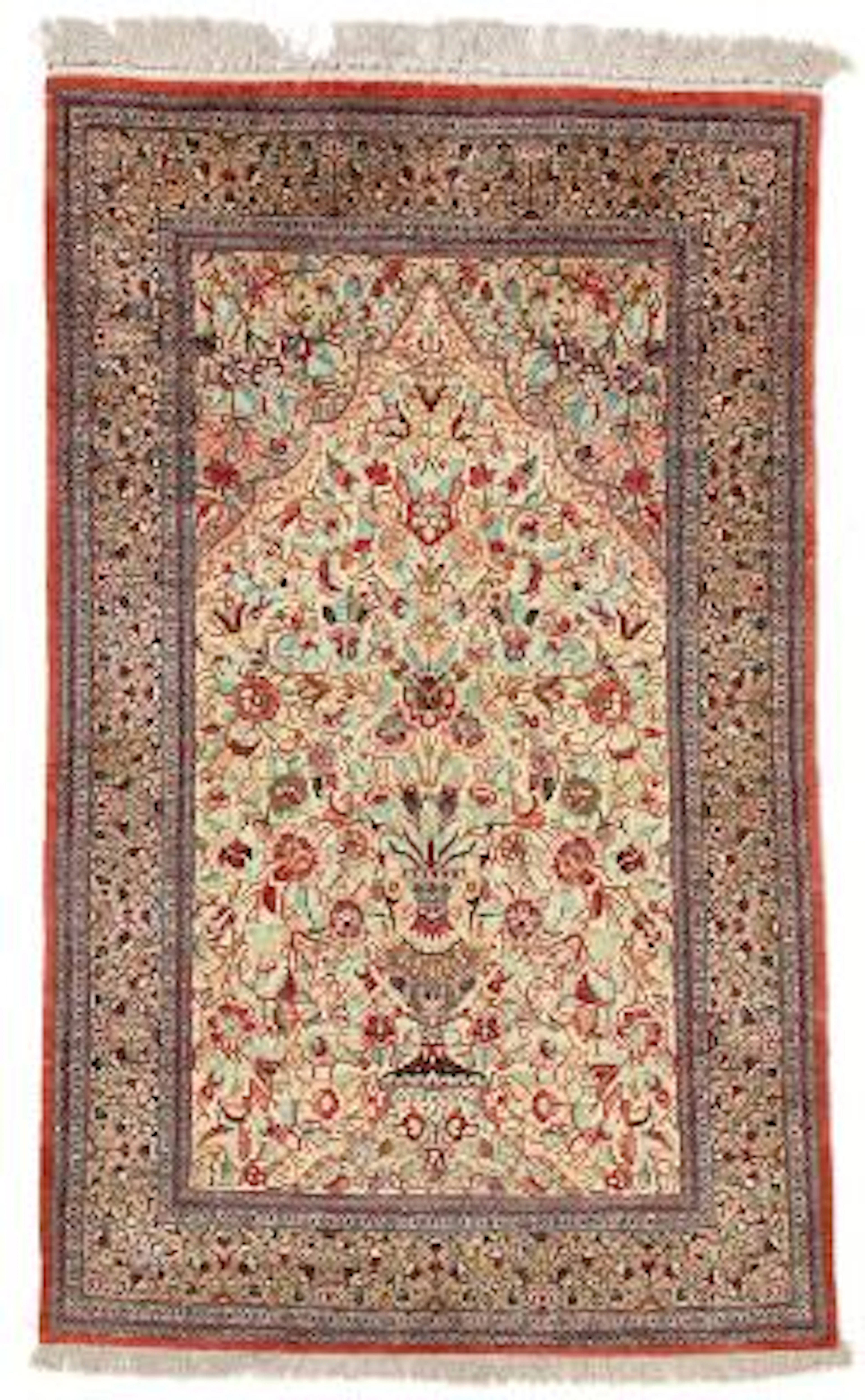 A full silk Qum rug, Persia. Arch design with flowervase on an ivory