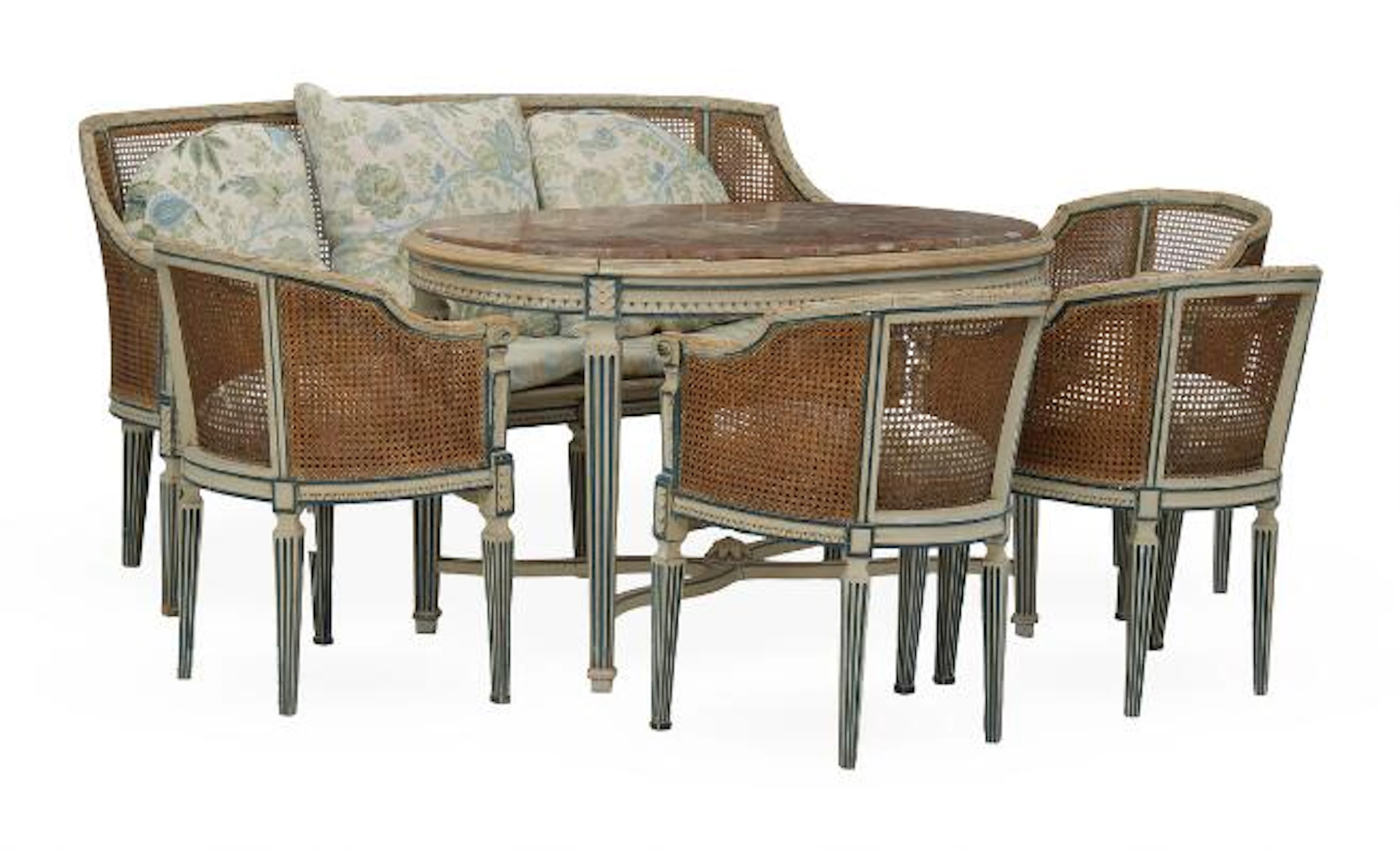 A French furniture set of painted wood and wicker. Louis XVI style