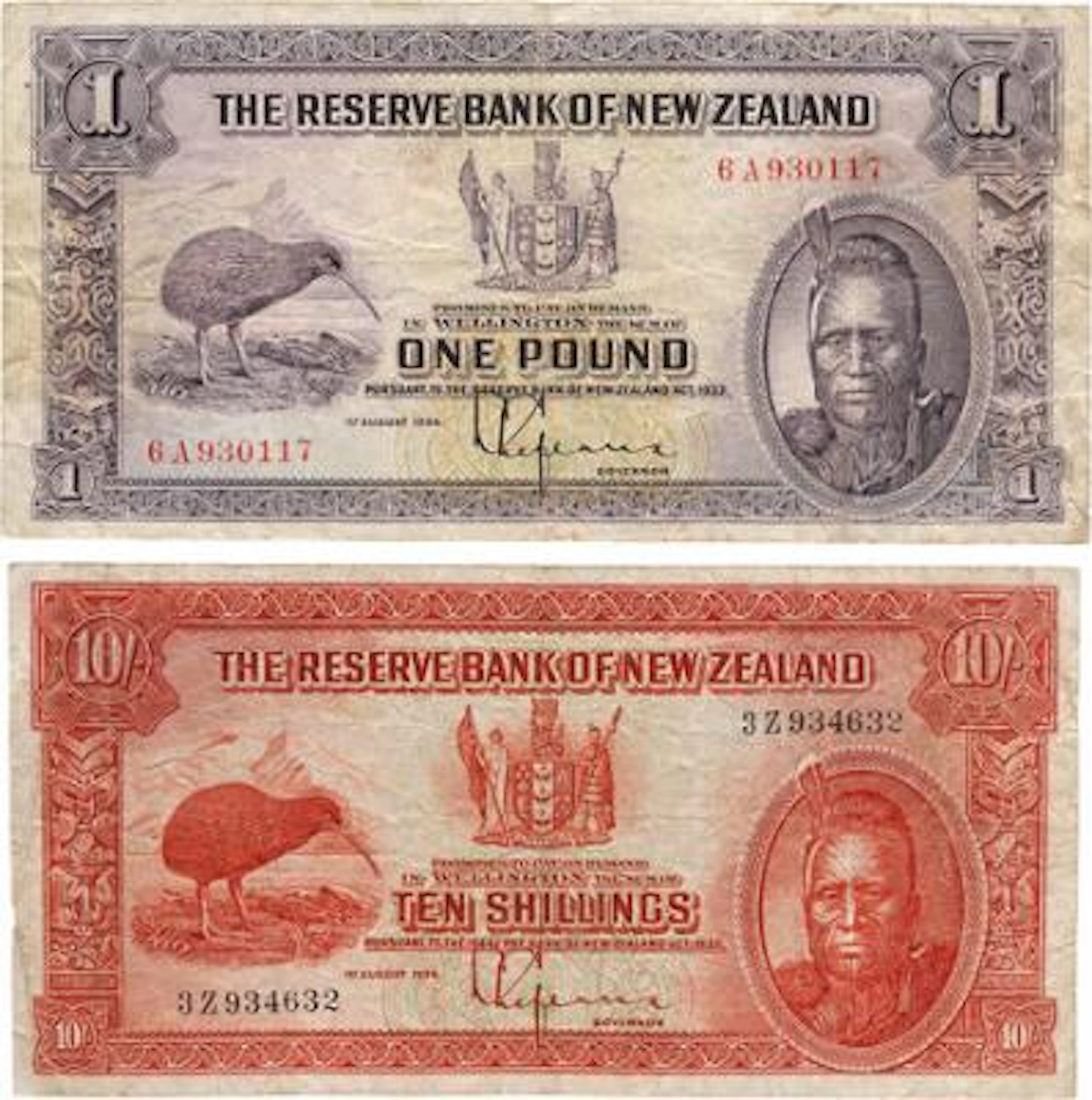 New Zealand, 10 Shillings 1934, Pick 154, 1 Pound 1934 (4 pcs.), Pick