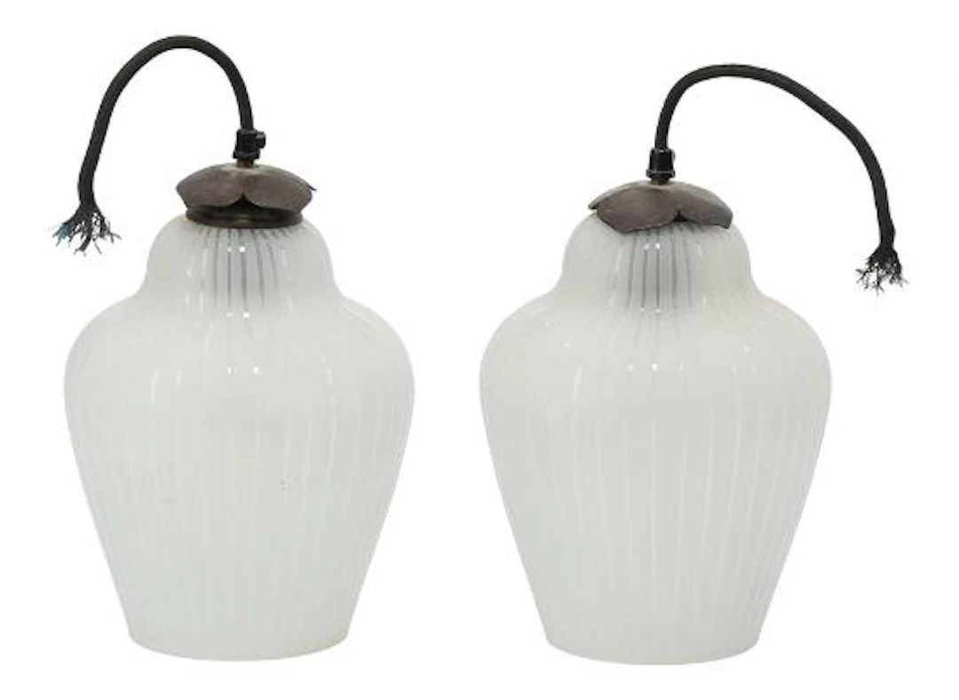 Unknown designer: Pair of pendant lamps in partially frosted glass