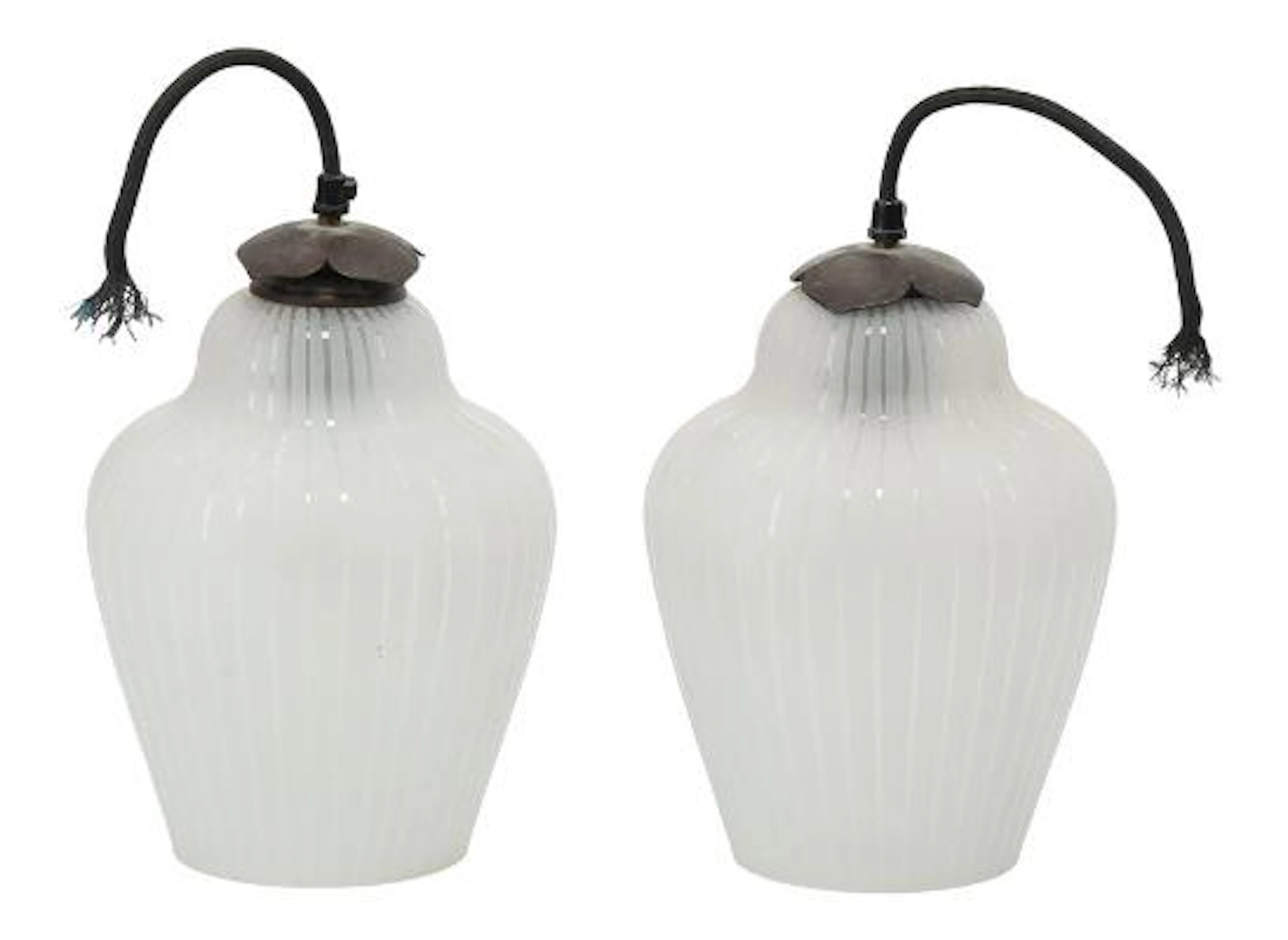 Unknown designer: Pair of pendant lamps in partially frosted glass
