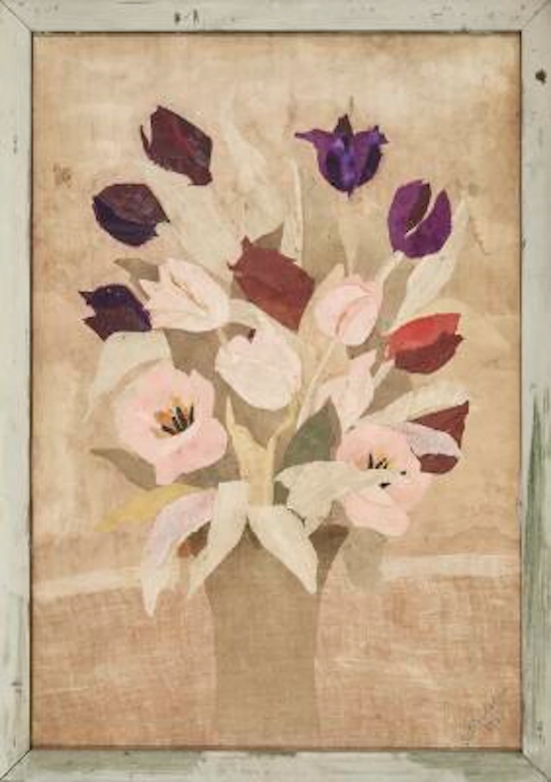 Asta Nielsen: Flowers in vase. Signed Asta Nielsen 1963. Collage on