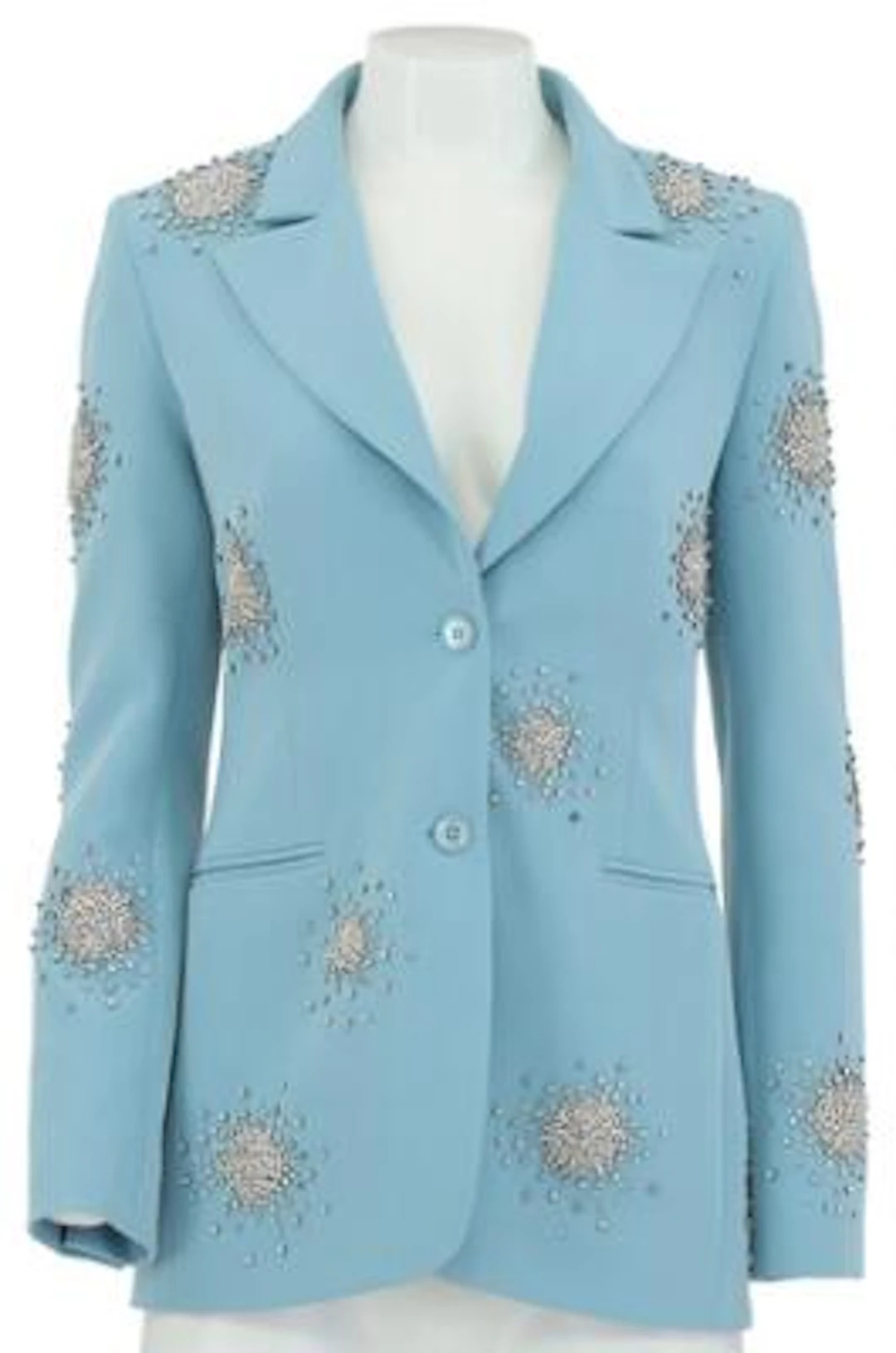 Stine Goya: A blue blazer with numerous rhinestones, revers, two front