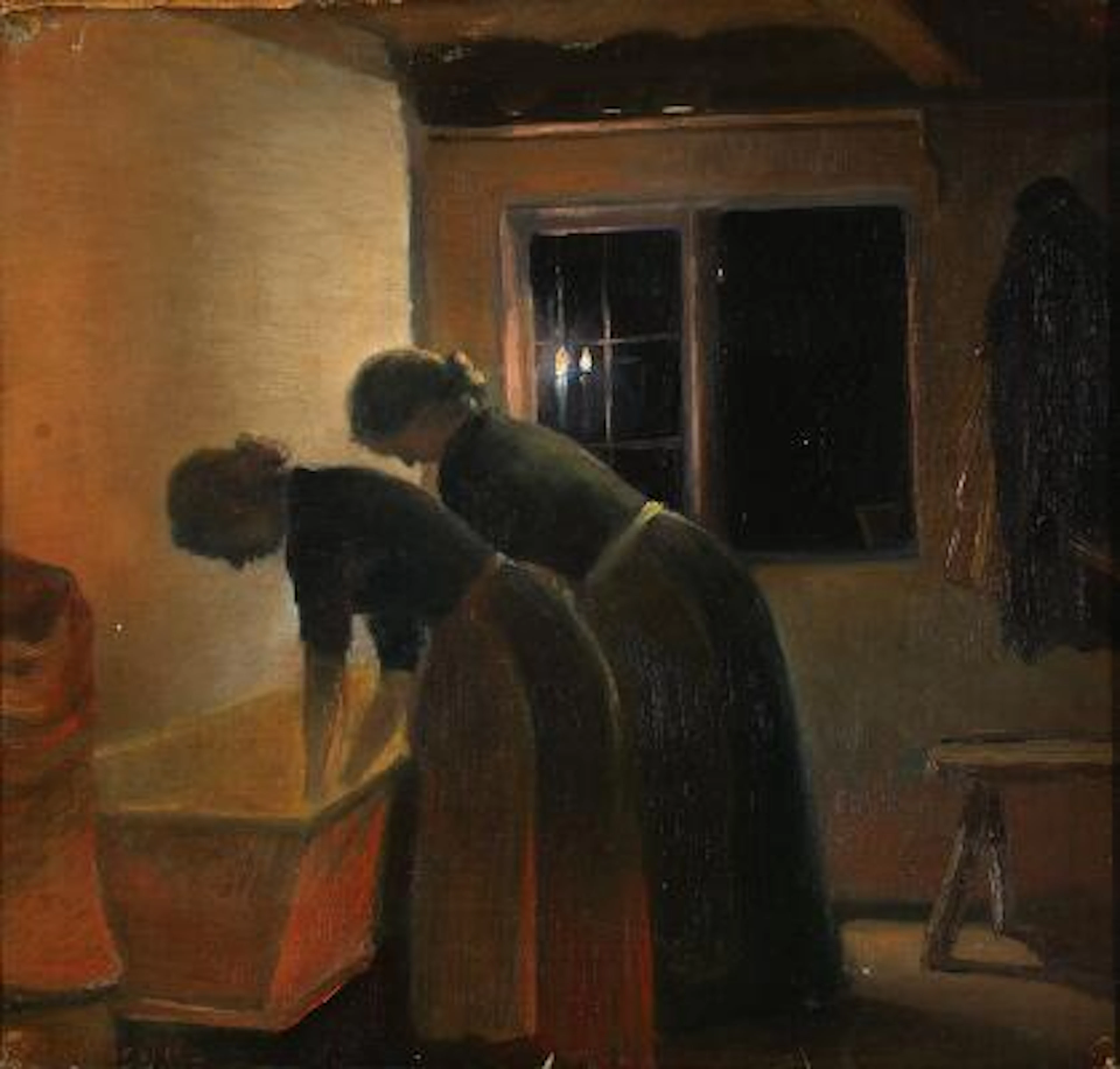Søren Lund: Women working in the glow of the candle light. Signed