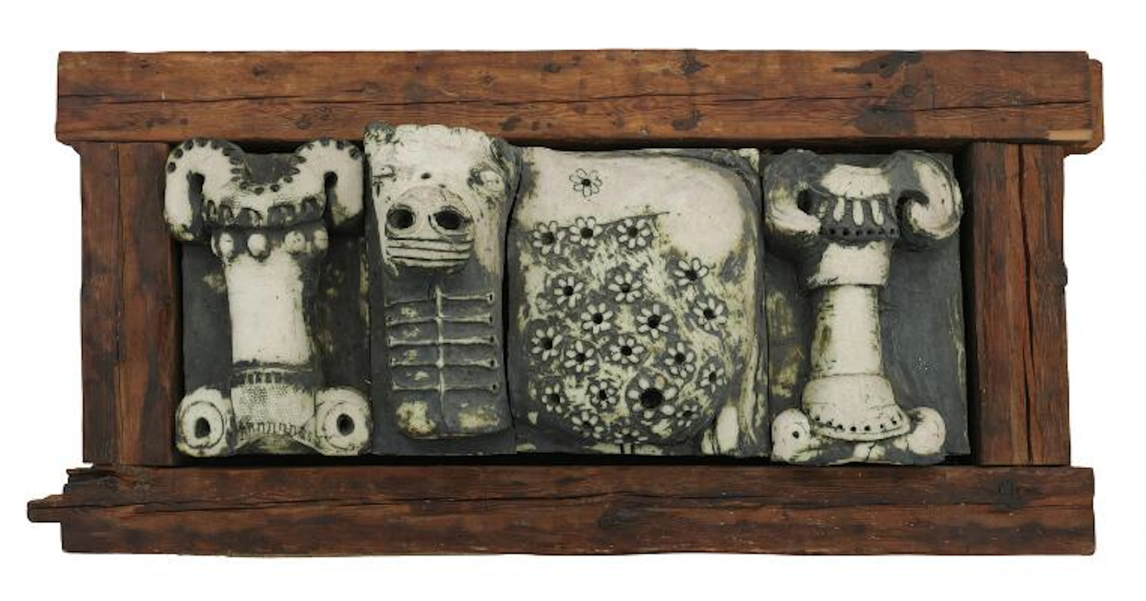 Niels Helledie: Untitled. Unsigned. Ceramic, stone and wood. 97 x