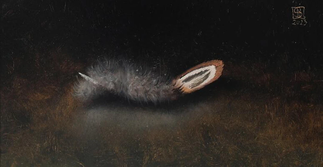 Niels Erik Skovballe: "Fjer", 2023. Signed monogram. Oil on panel.
