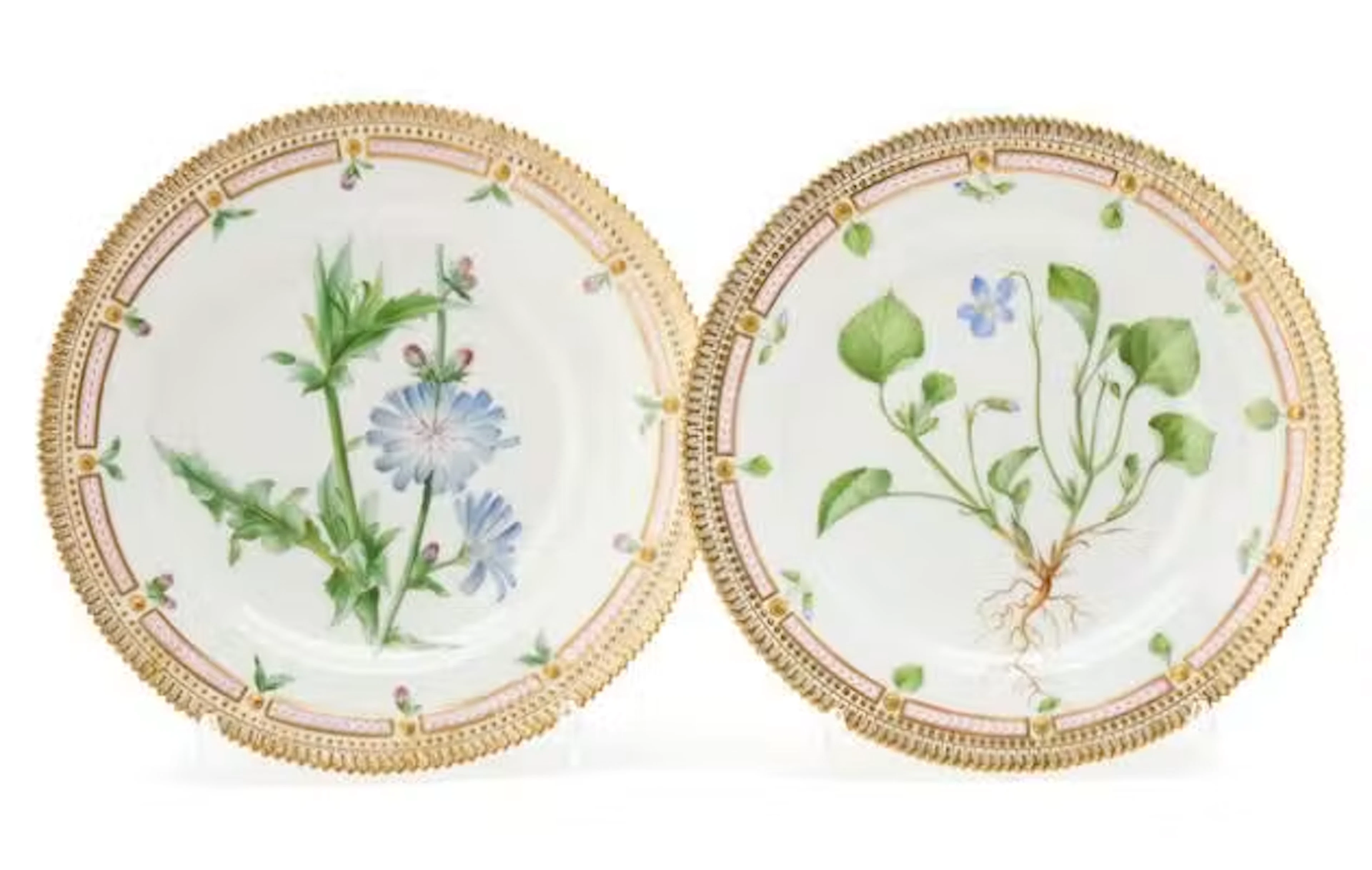 Two "Flora Danica" enamelled and gilt porcelain dinner plates. Royal