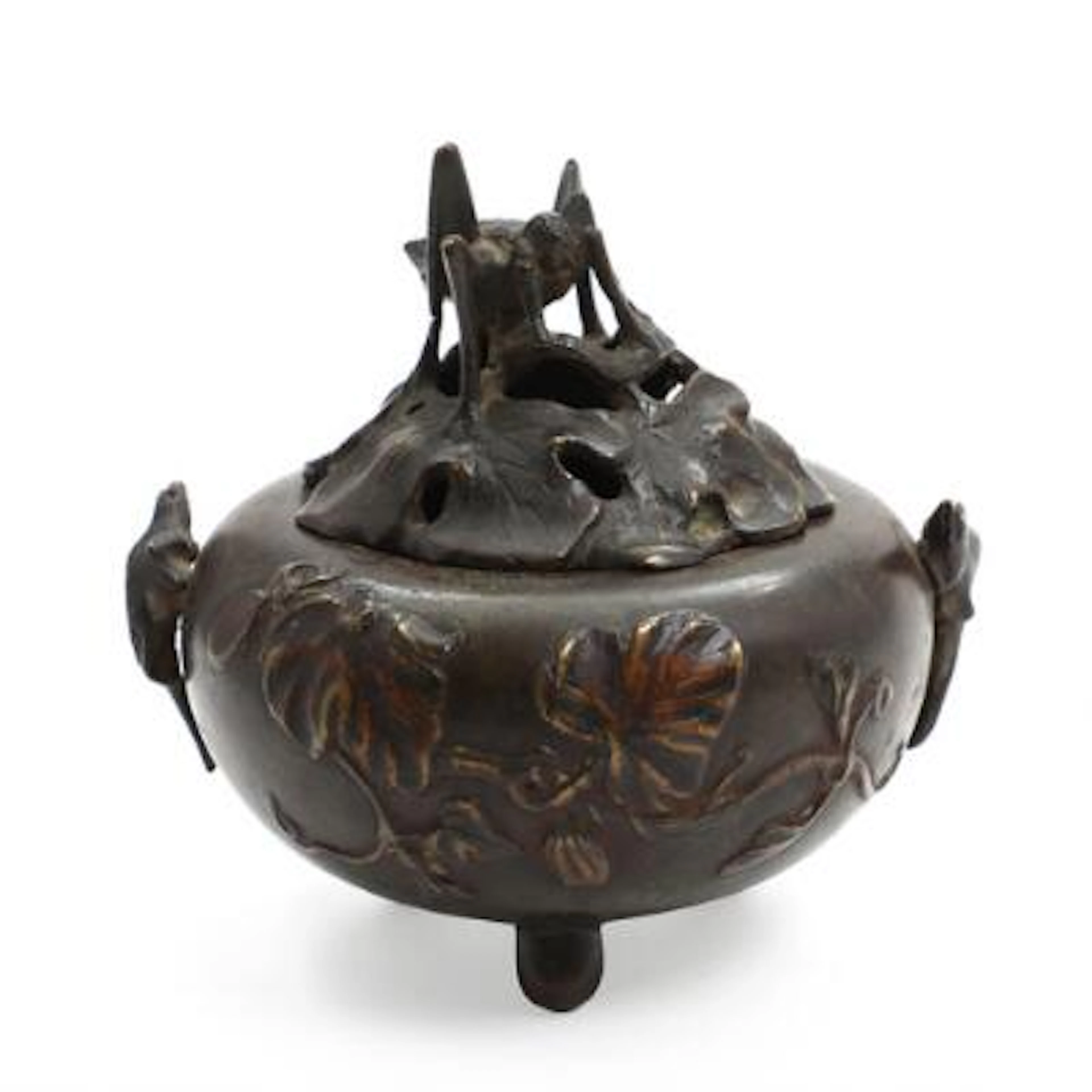 A Japanese patinated bronze censer, pierced cover with grasshopper