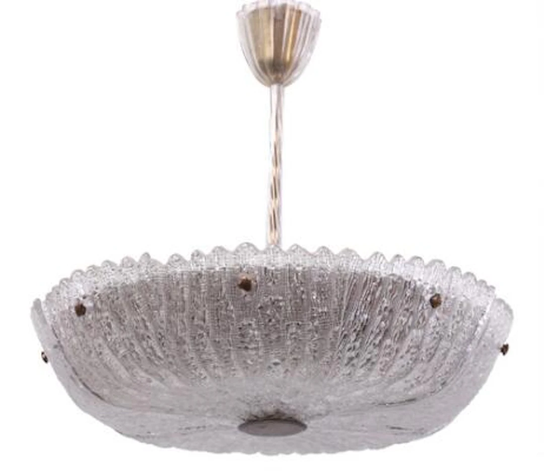 Carl Fagerlund: Ceiling lamp of brass and glass. Manufactured by Orrefors.