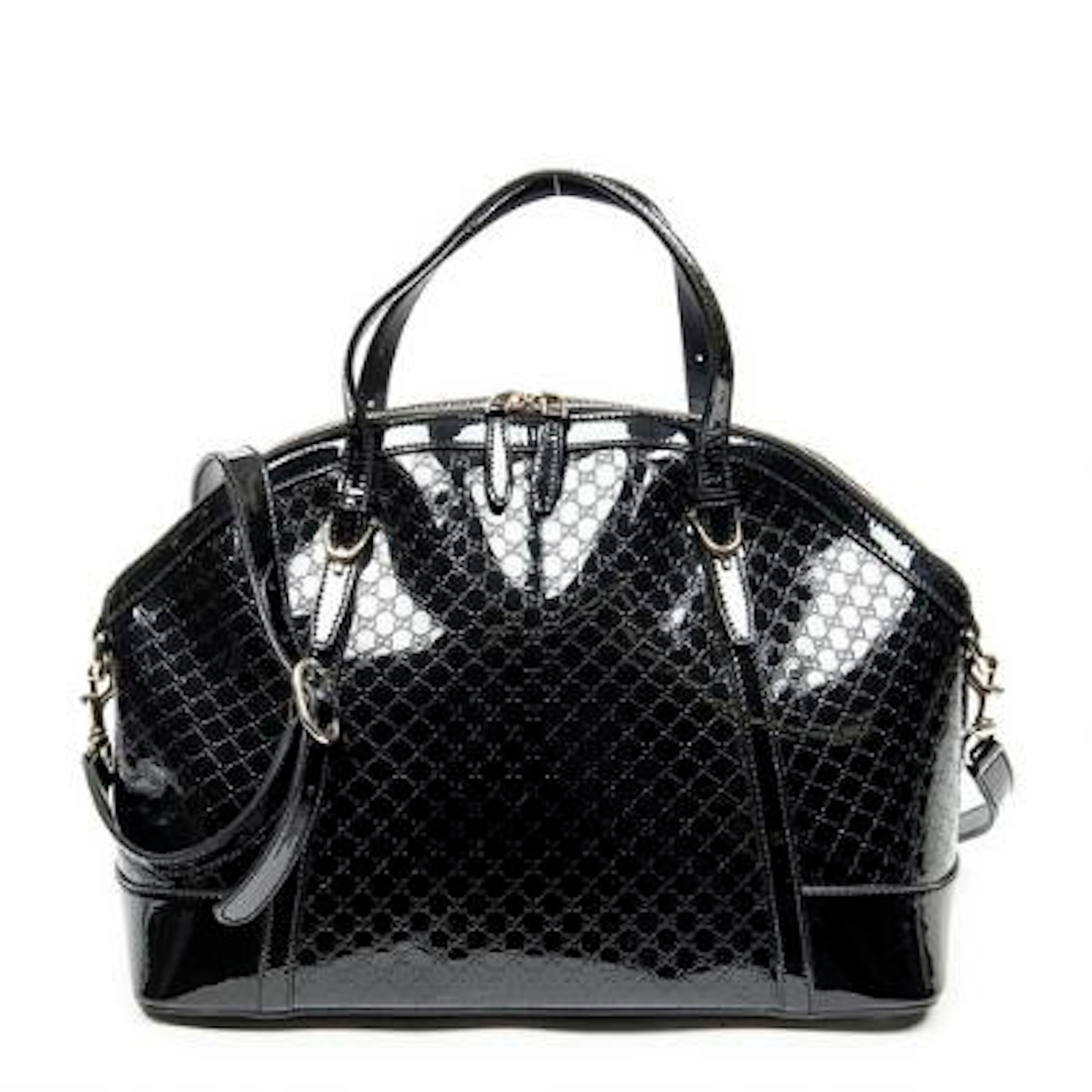 Gucci: A "Large Nice Dome Tote" of black patent leather with silver