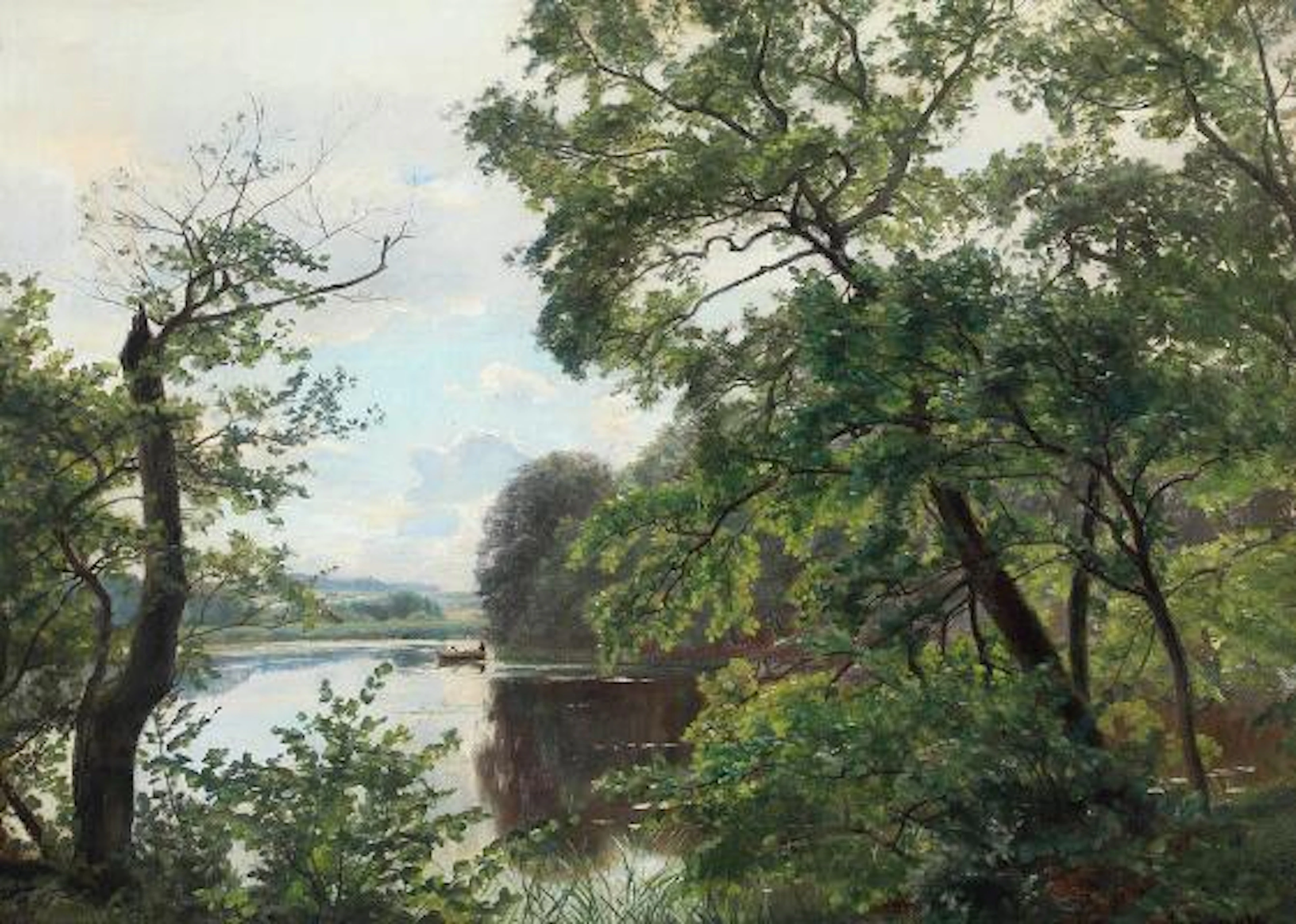 Christian Zacho: Forest landscape with a rowing boat on the lake.