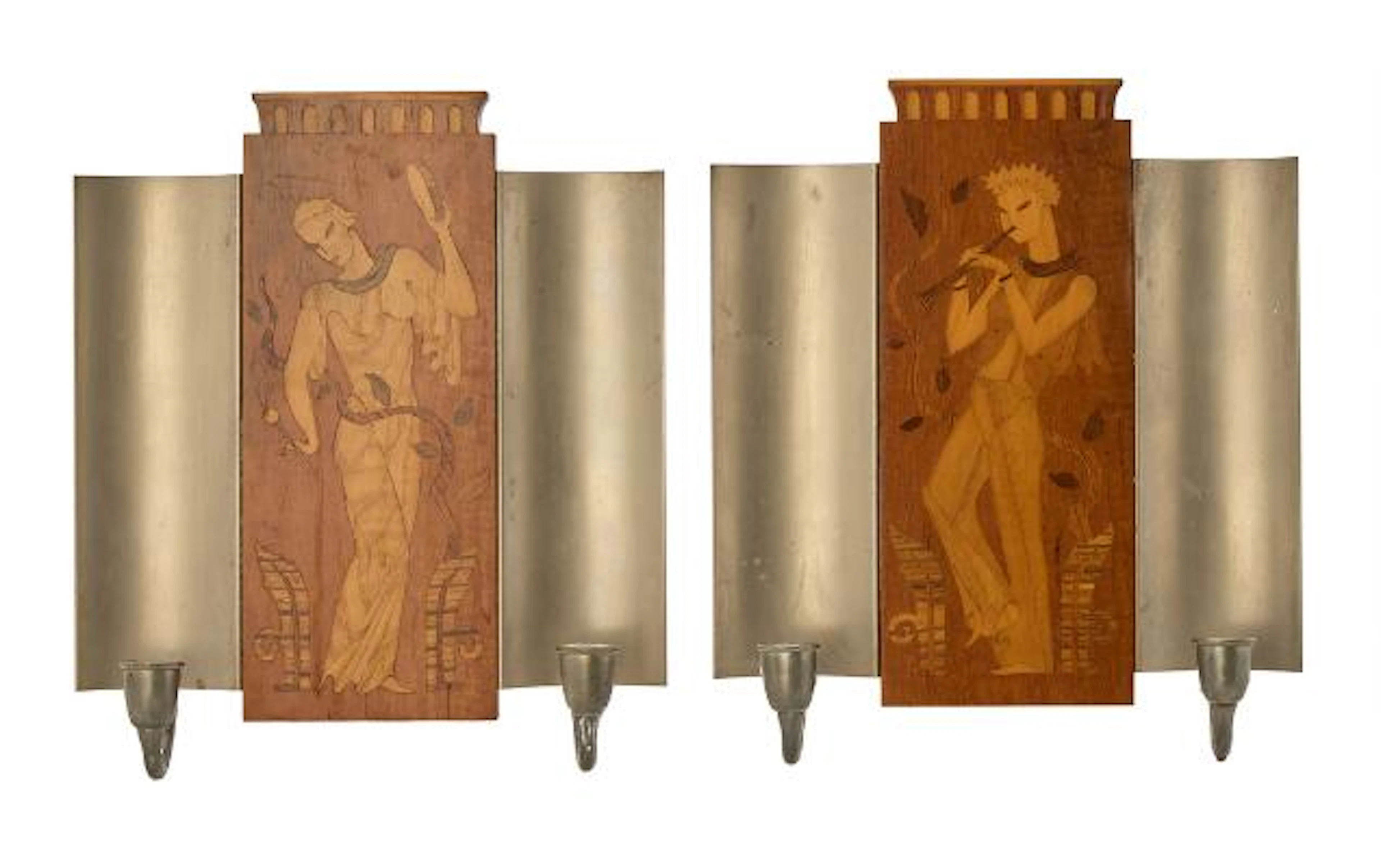 Swedish Grace: A pair of wall-hung pewter candlesticks. Centre section