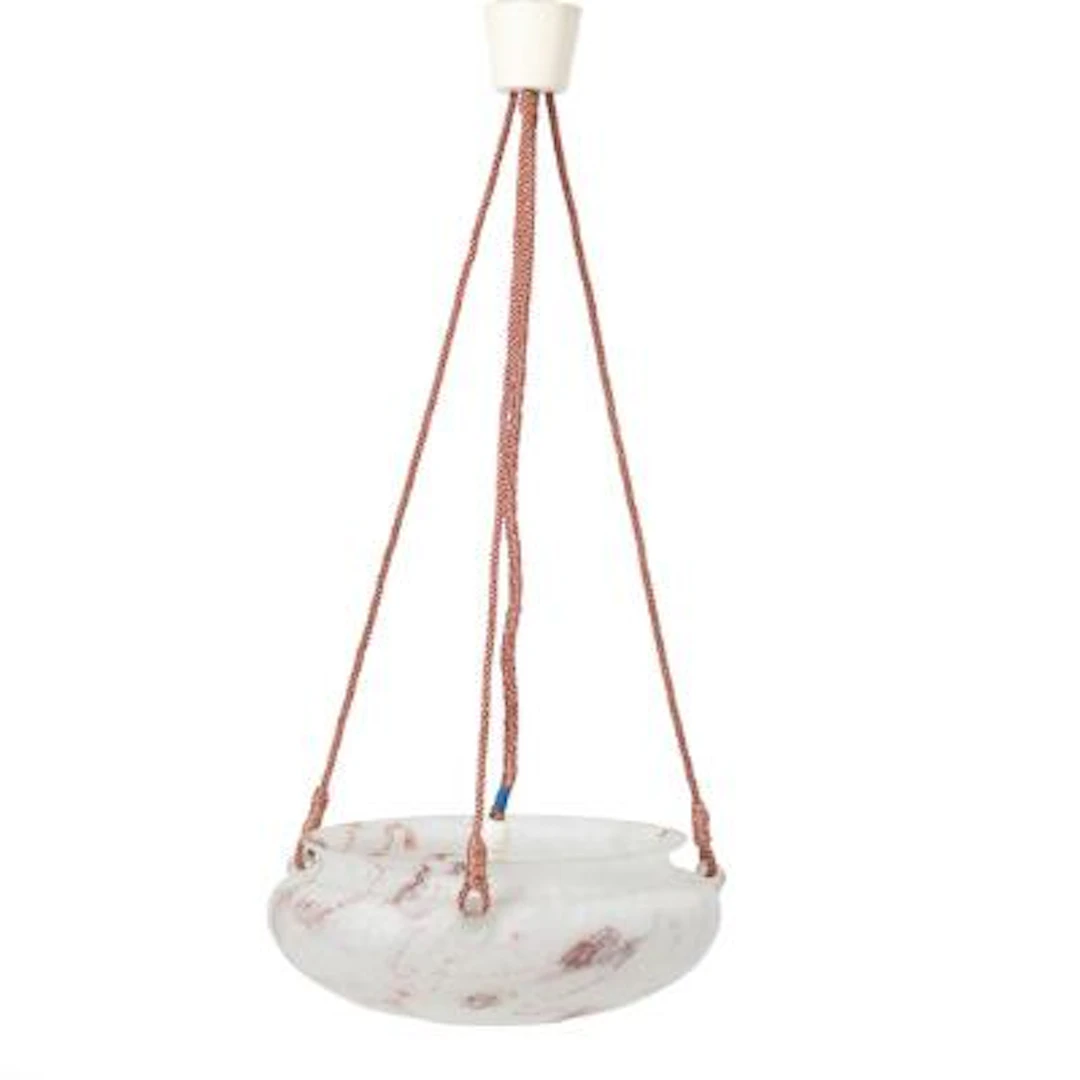 A marbled glass hanging lamp suspended in pink fabric cord. 20th century.