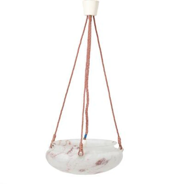 A marbled glass hanging lamp suspended in pink fabric cord. 20th century.