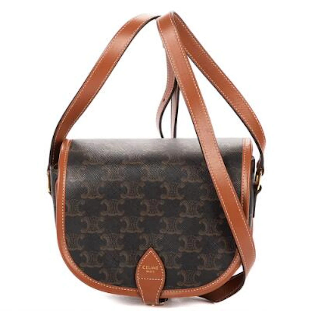 Celine: "Medium Folco" bag in coated monogram canvas with brown leather
