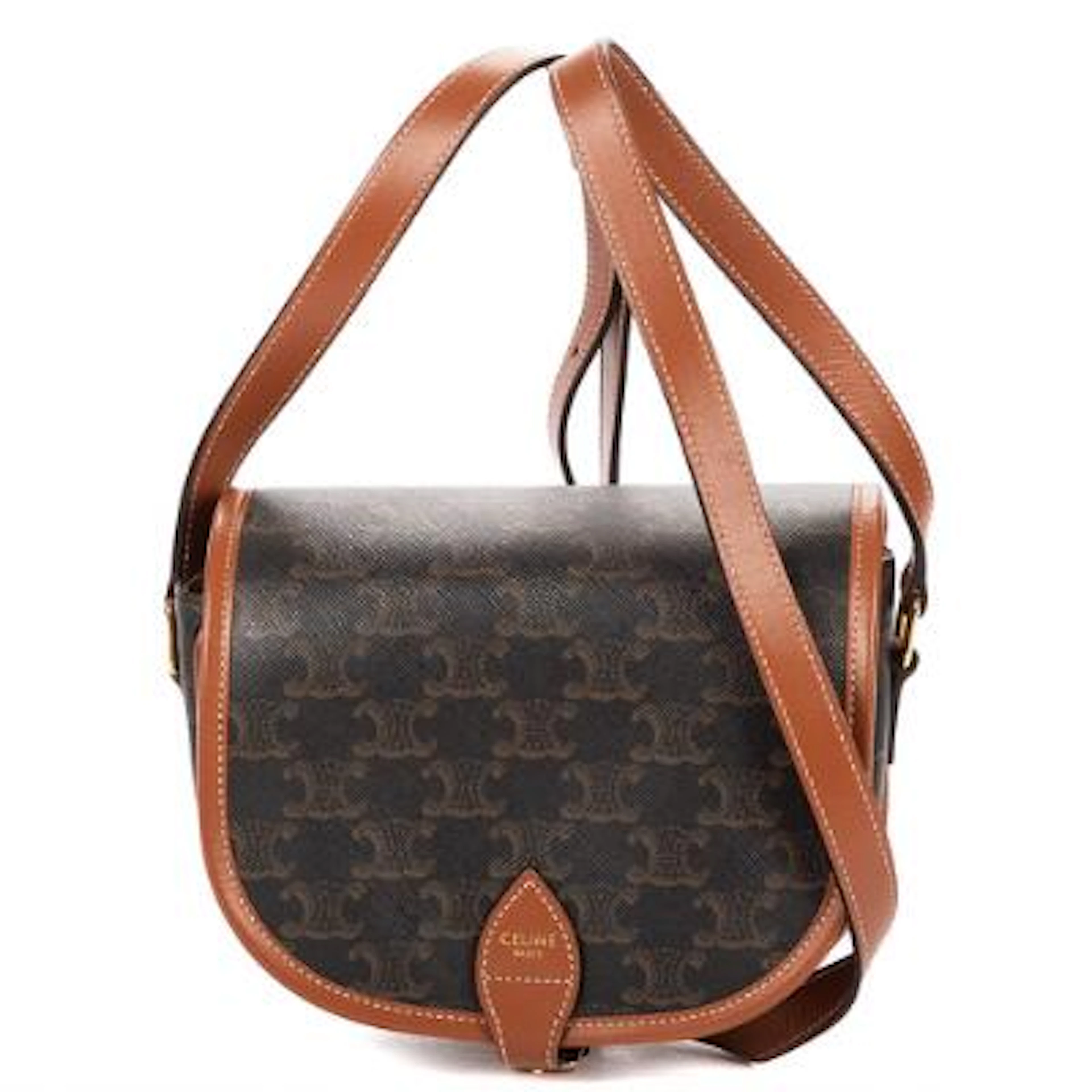 Celine: "Medium Folco" bag in coated monogram canvas with brown leather
