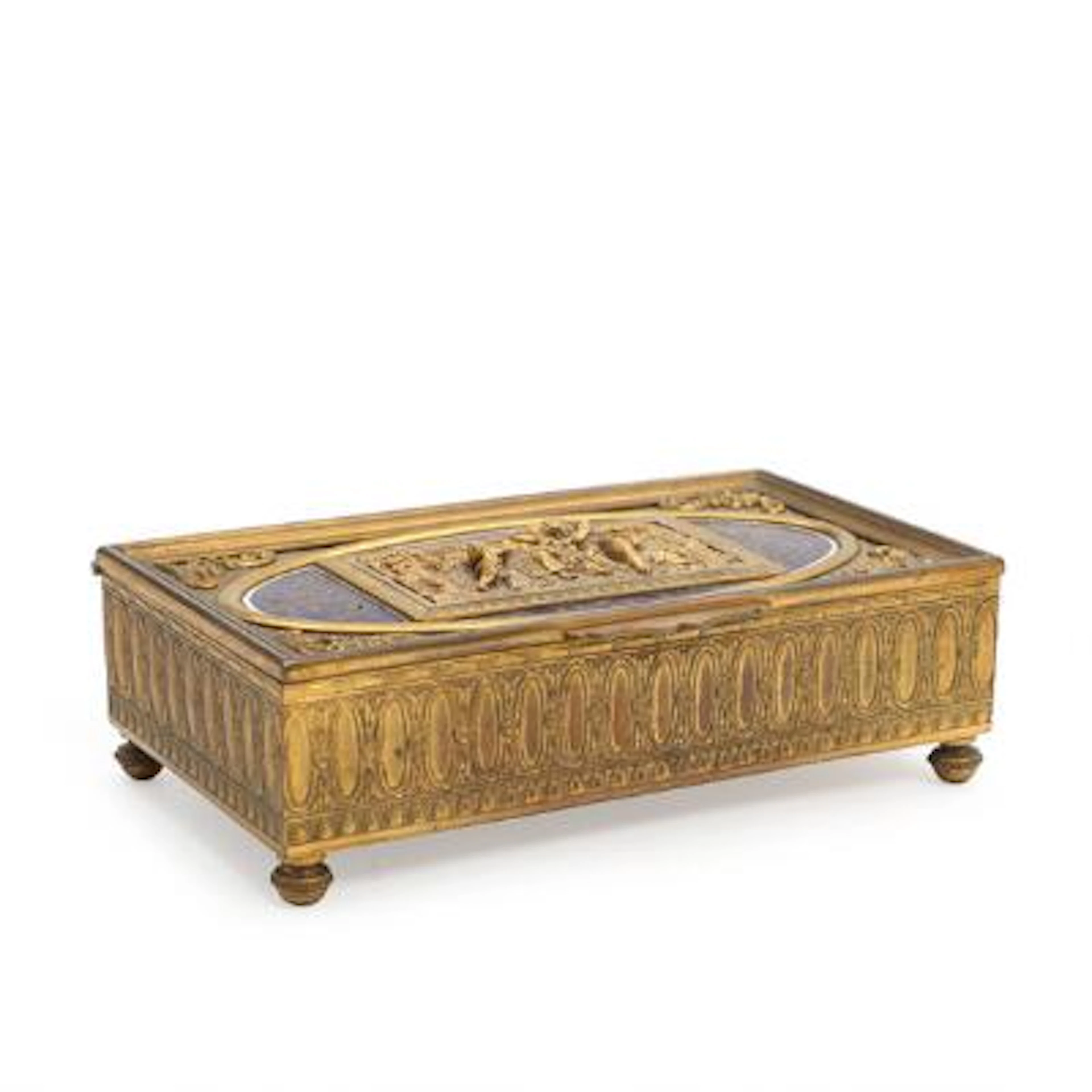 French casket of gilt bronze, the lid cast in relief with a pastoral