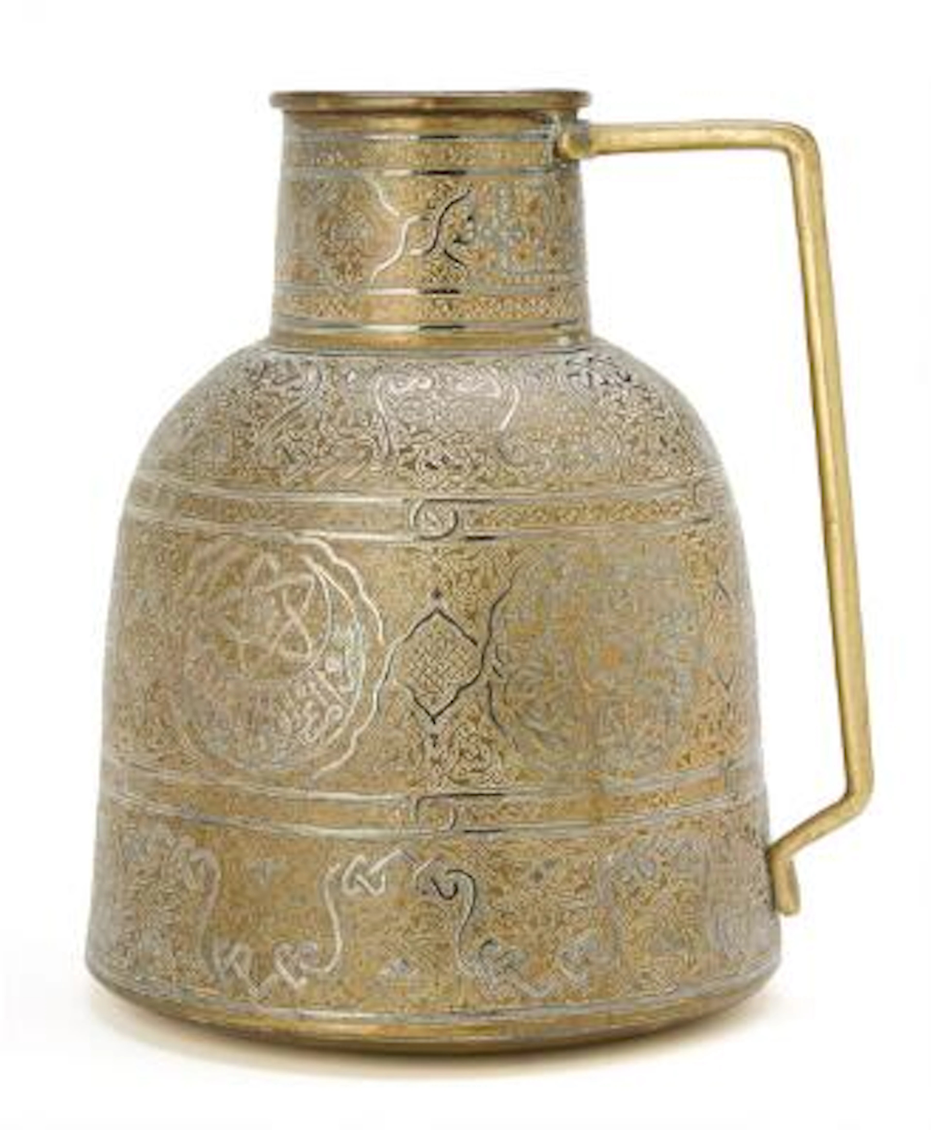 Cairo ware pitcher in brass decorated with silver ornaments. 20th