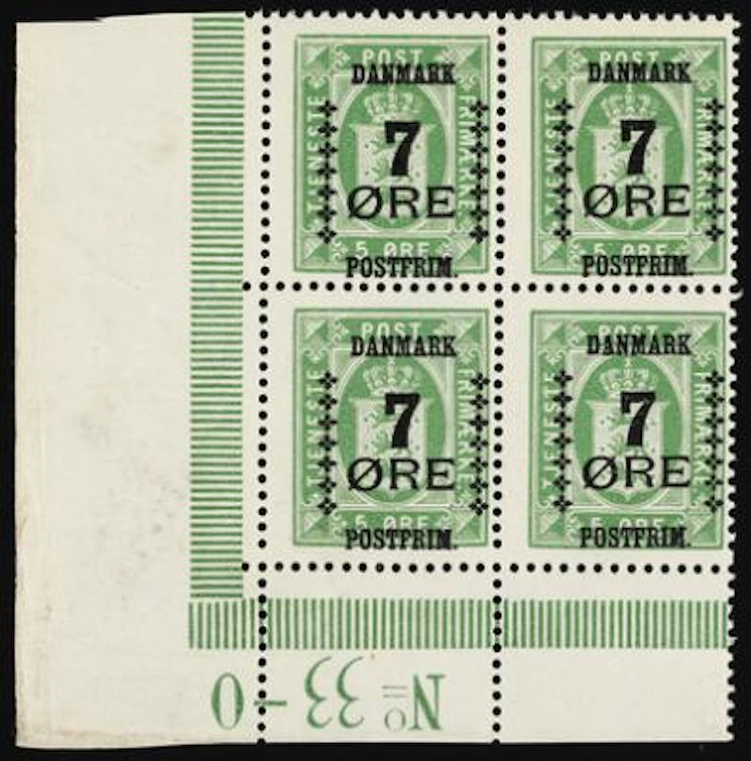 1926. Surcharge. 7/5 Øre, green. Never hinged block of 4 with priviously