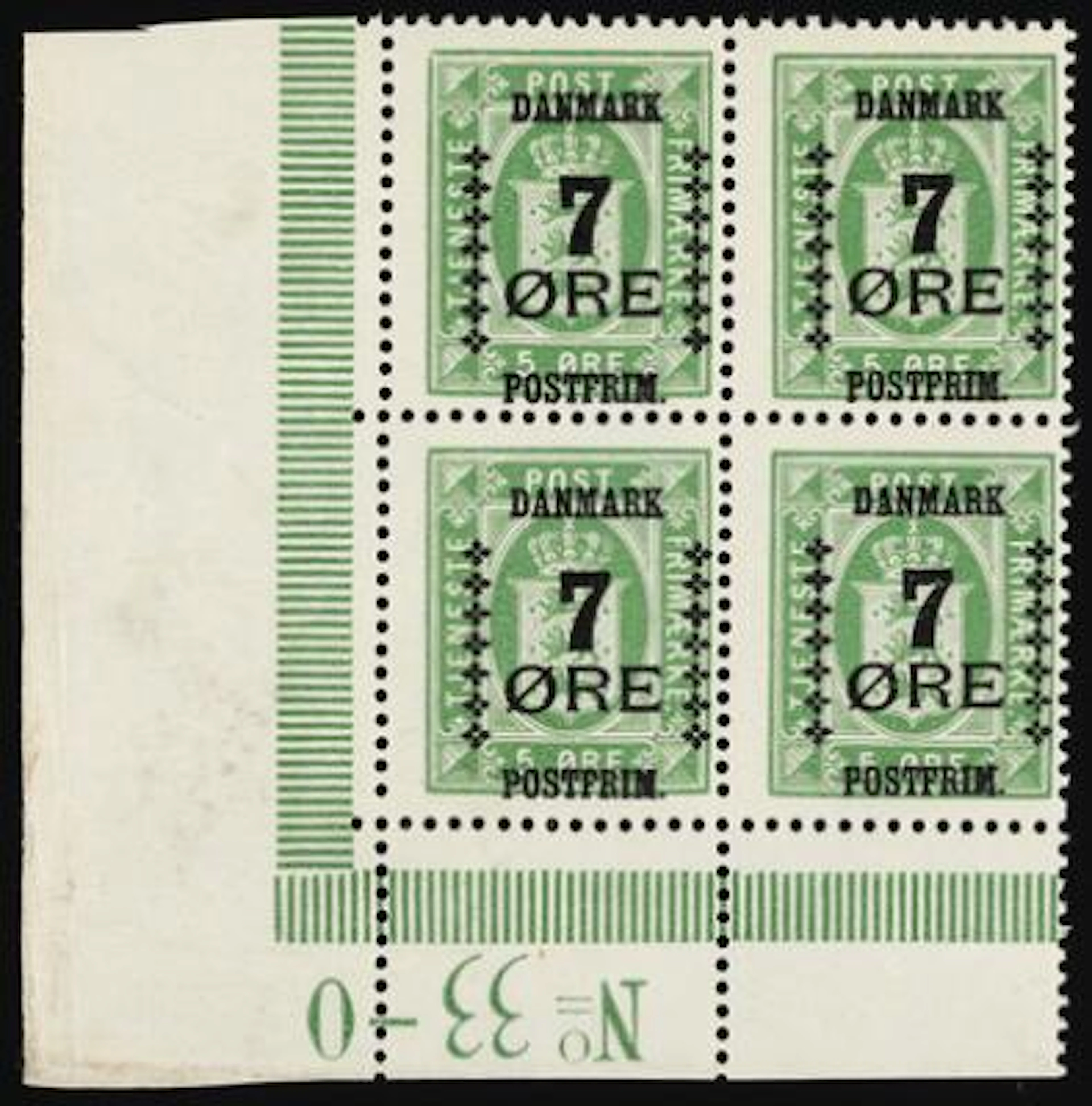 1926. Surcharge. 7/5 Øre, green. Never hinged block of 4 with priviously