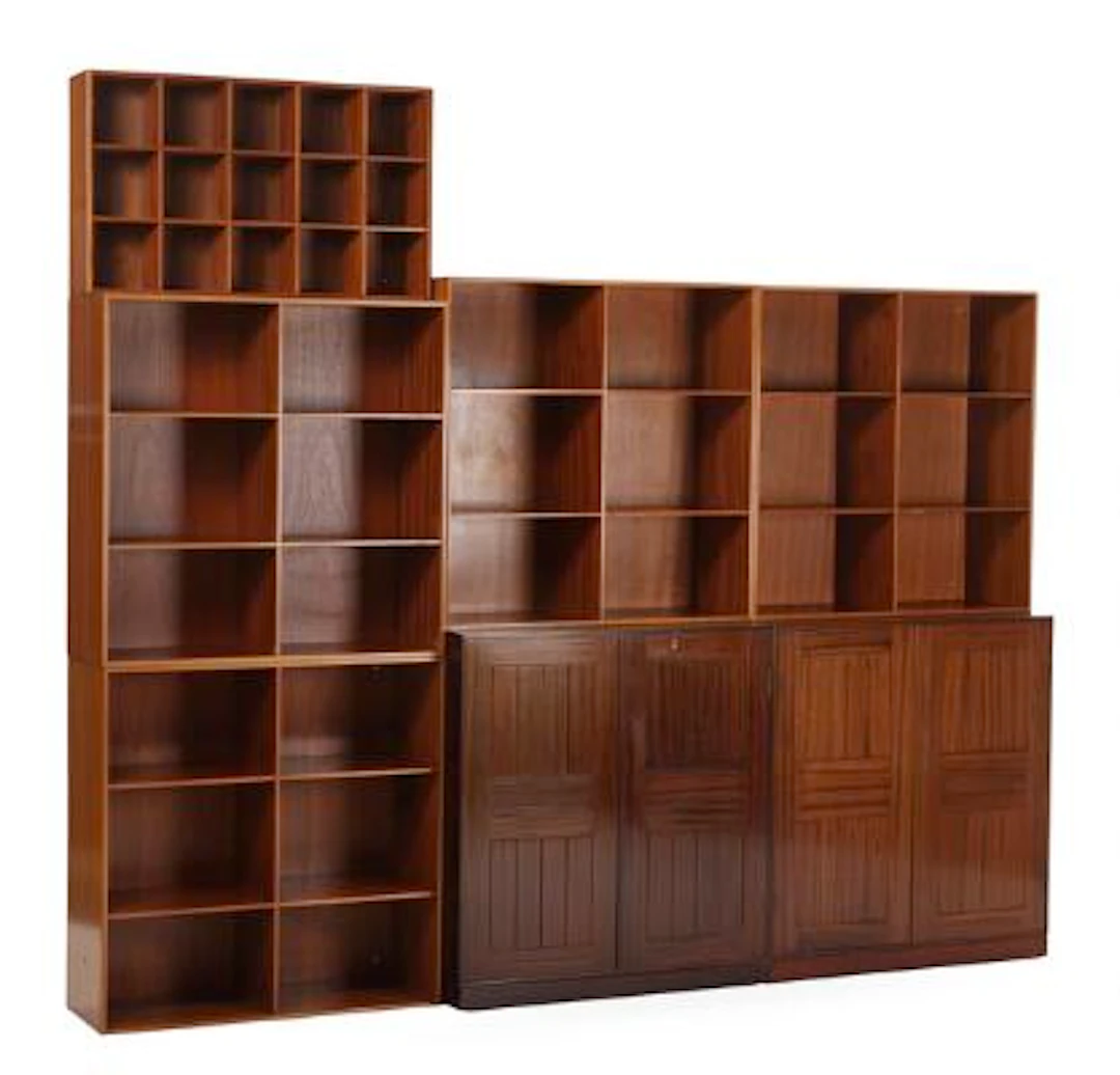 Mogens Koch: Two solid mahogany cabinets, four bookcases, CD-shelf