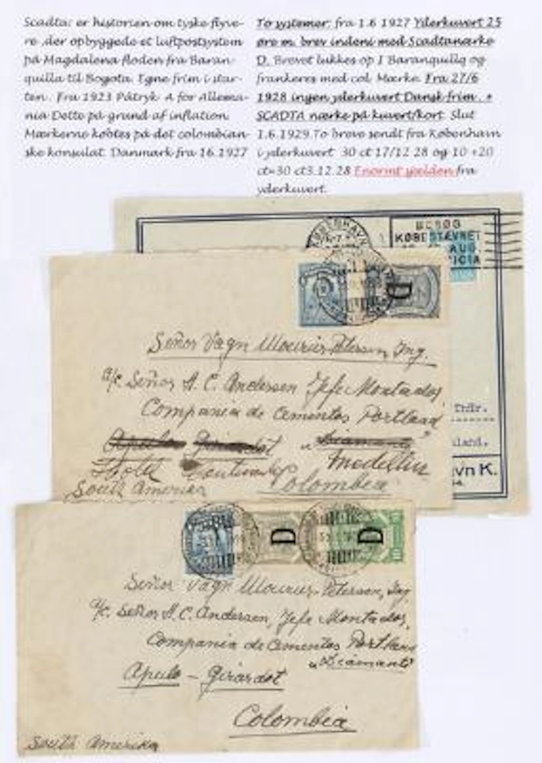 1928. SCATDA. Exhibition page with 2 airmail covers from Columbia