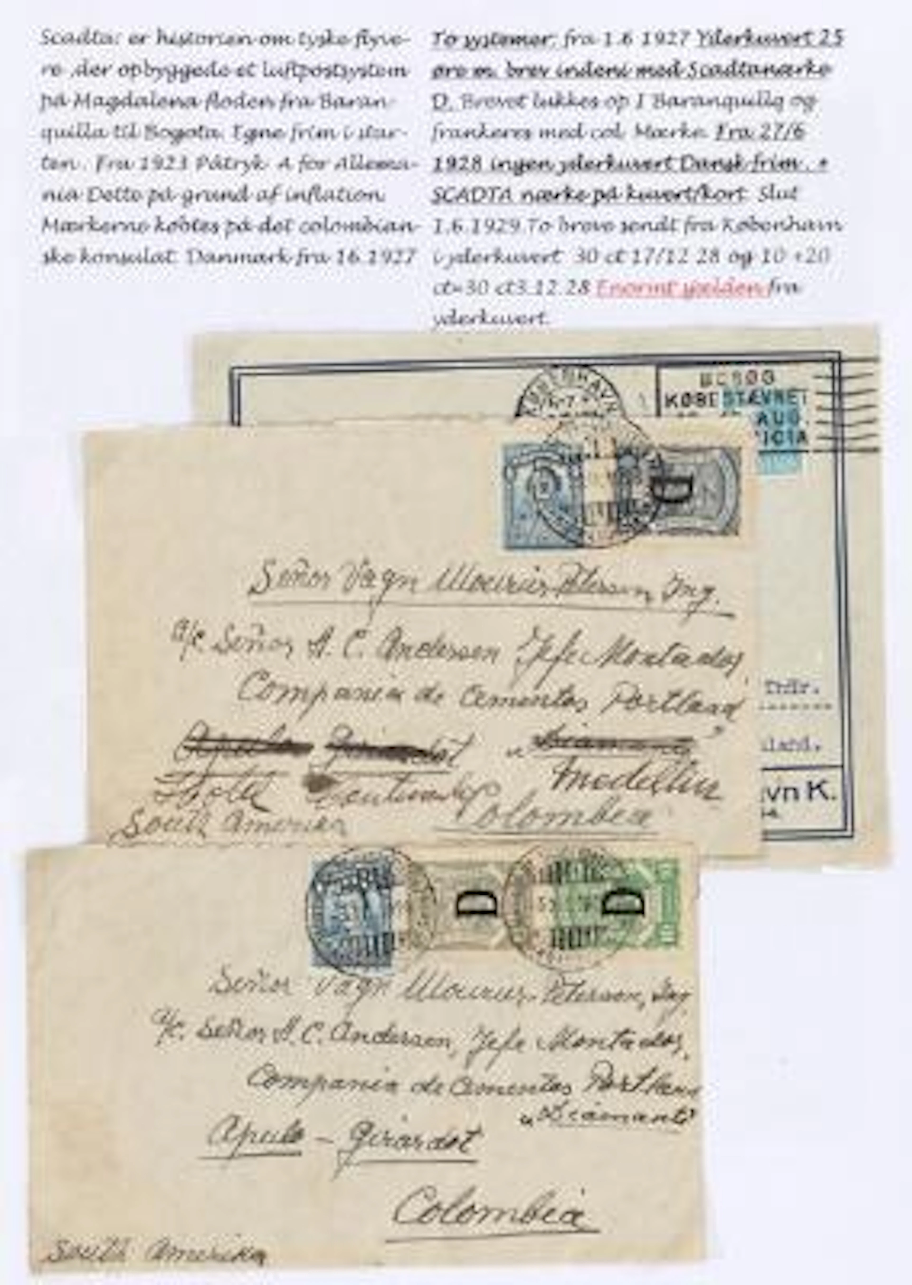 1928. SCATDA. Exhibition page with 2 airmail covers from Columbia