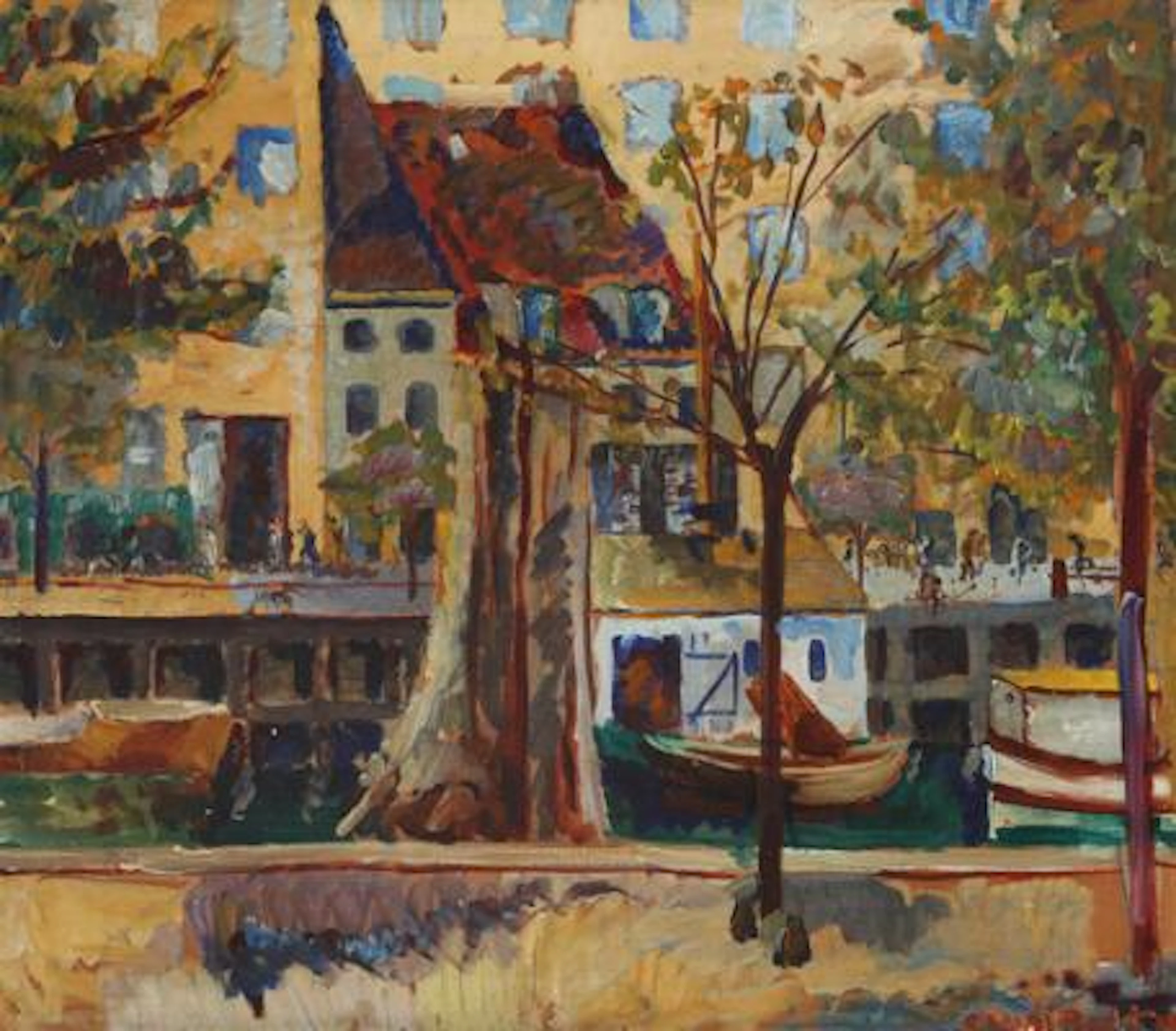 Randi Bolt: Canal scenery. Signed Randi Bolt 33. Oil on paper, mounted