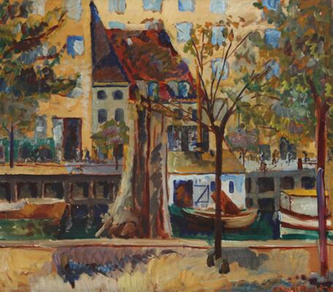 Randi Bolt: Canal scenery. Signed Randi Bolt 33. Oil on paper, mounted