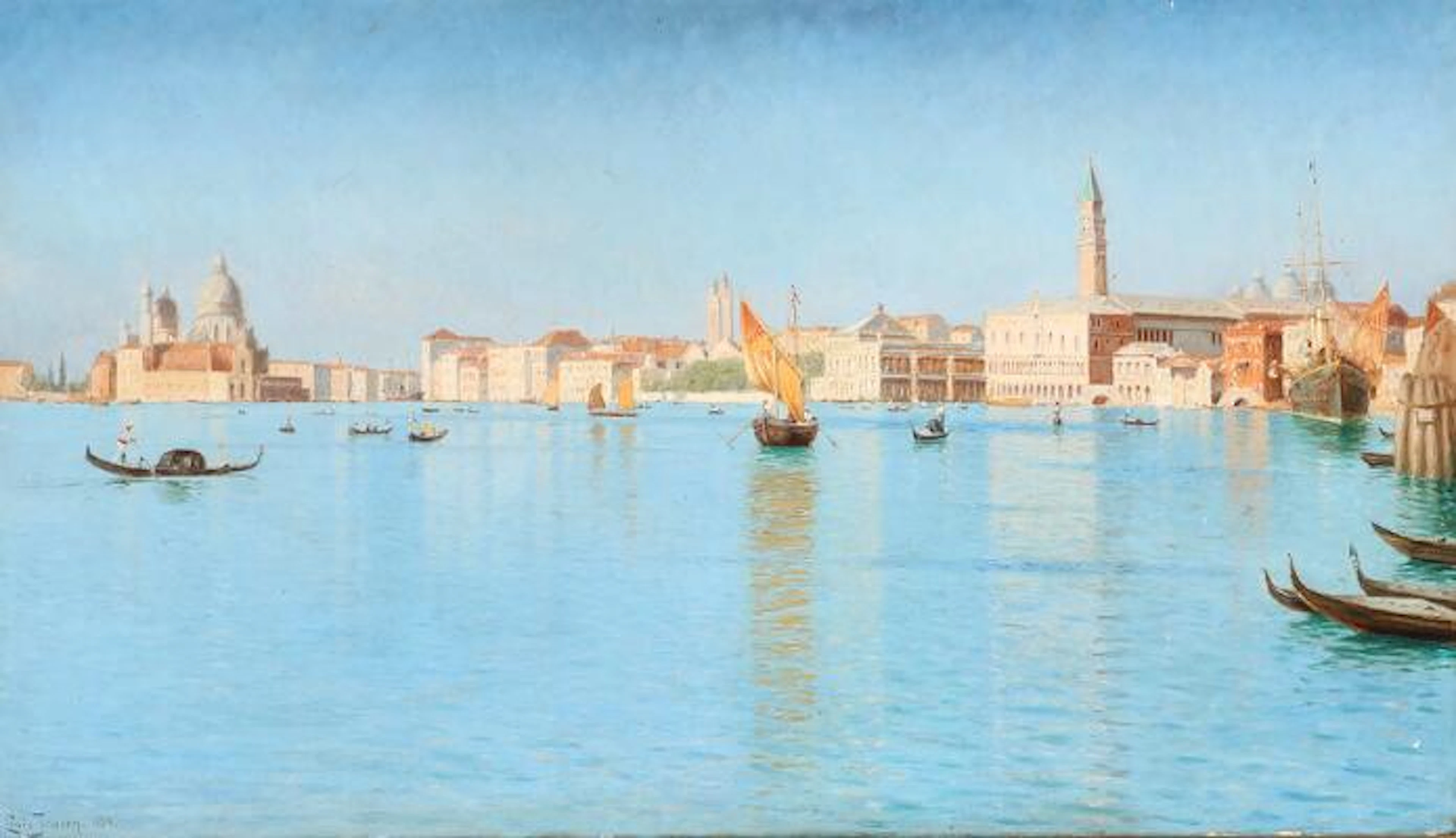 Louis Jensen: Gondolas in Bacino di San Marco, Venezia. Signed and